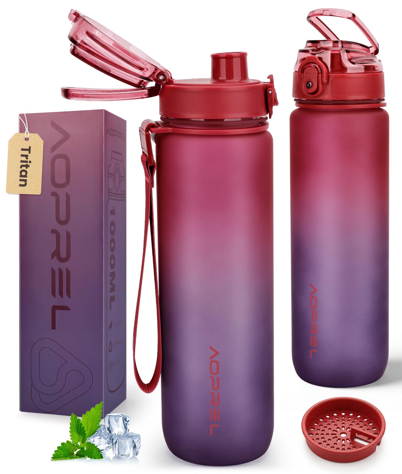 Aoprel Red Blue Leakproof Water Bottle 1L/650Ml With Time Marker, Bpa-Free Tritan