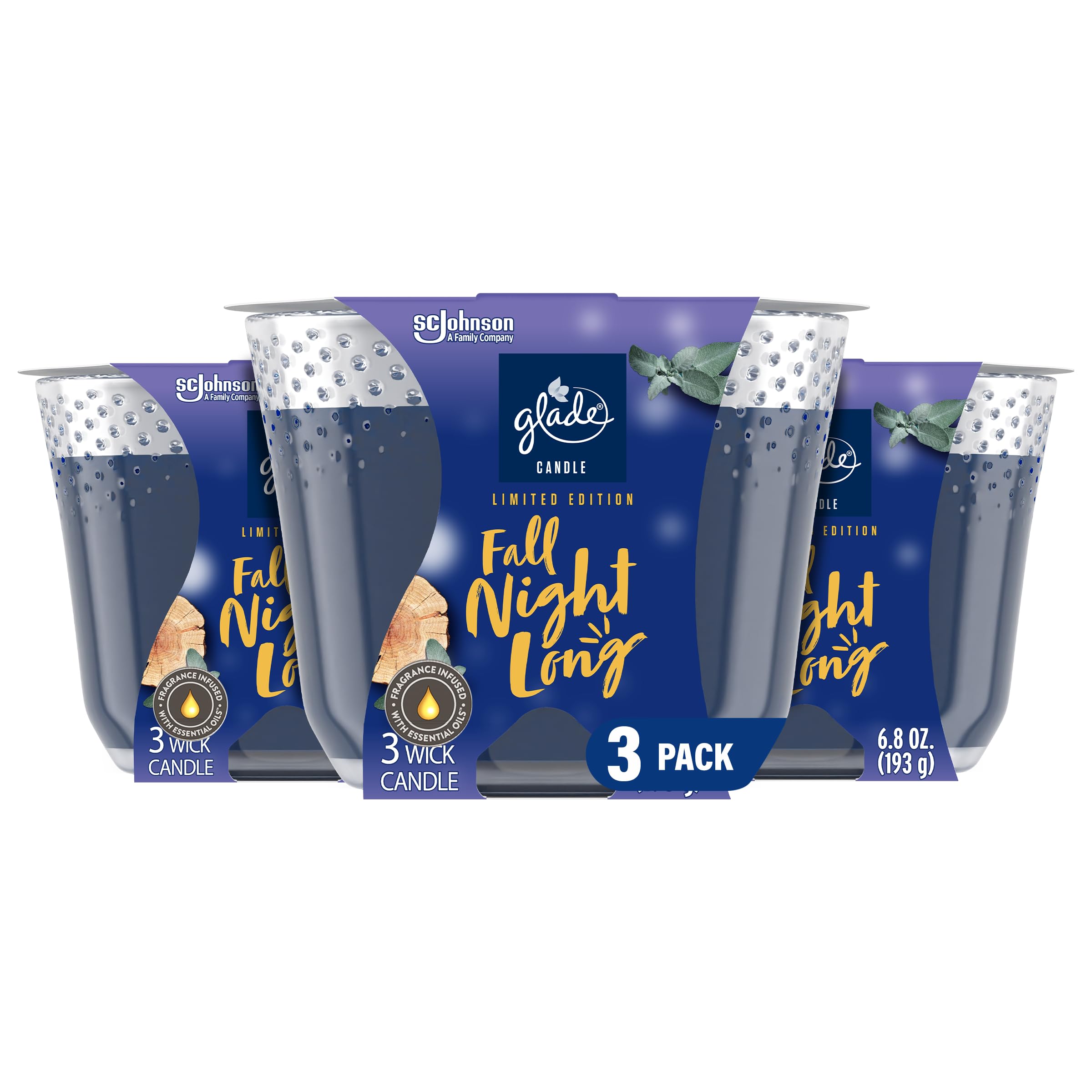 Glade Candle Fall Night Long, Fragrance Candle Infused with Essential Oils, Air Freshener Candle, Limited Edition Scent, 3-Wick Candle, 6.8oz, 3 Count