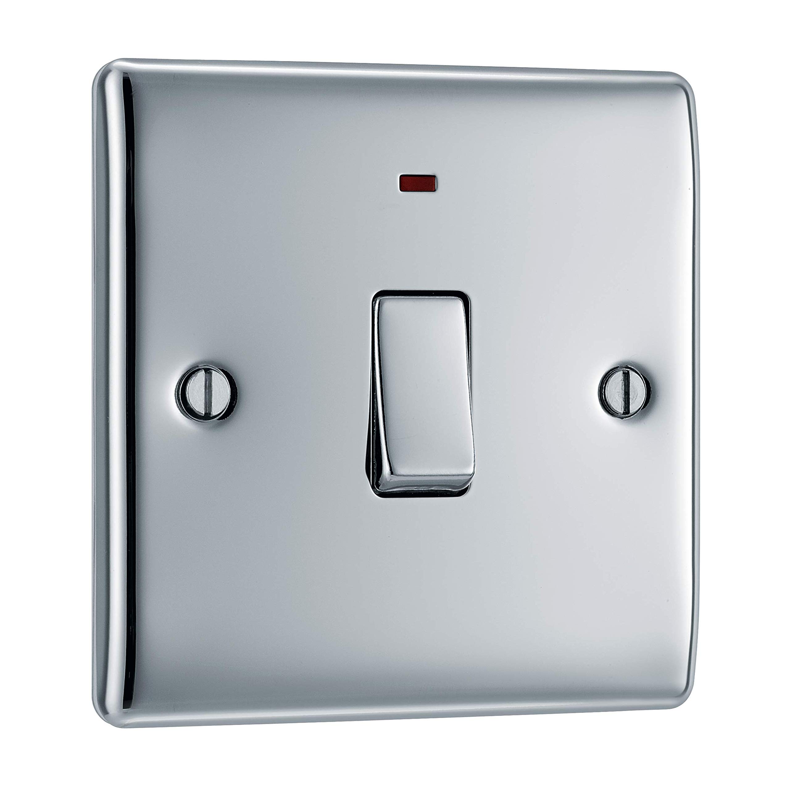 BG Electrical Single Wall Switch with LED Power Indicator, Double Pole, Raised and Slim Profile, Round Edges, Nexus Metal, Polished Chrome, 20A, NPC31