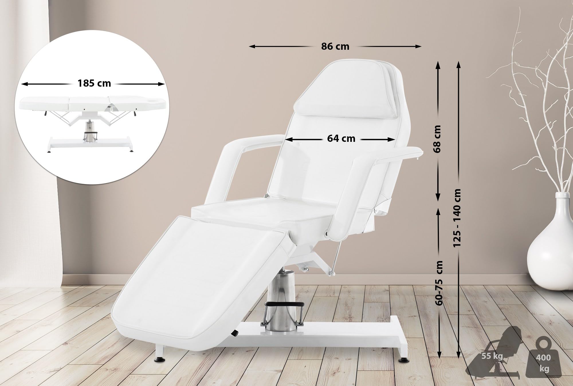 CLP Lettino Idraulico Centri Estetici in Similpelle Regolabile 60-75 CMI Letto Idraulico Massaggi Reclinabile con Braccioli, Colore:Bianco