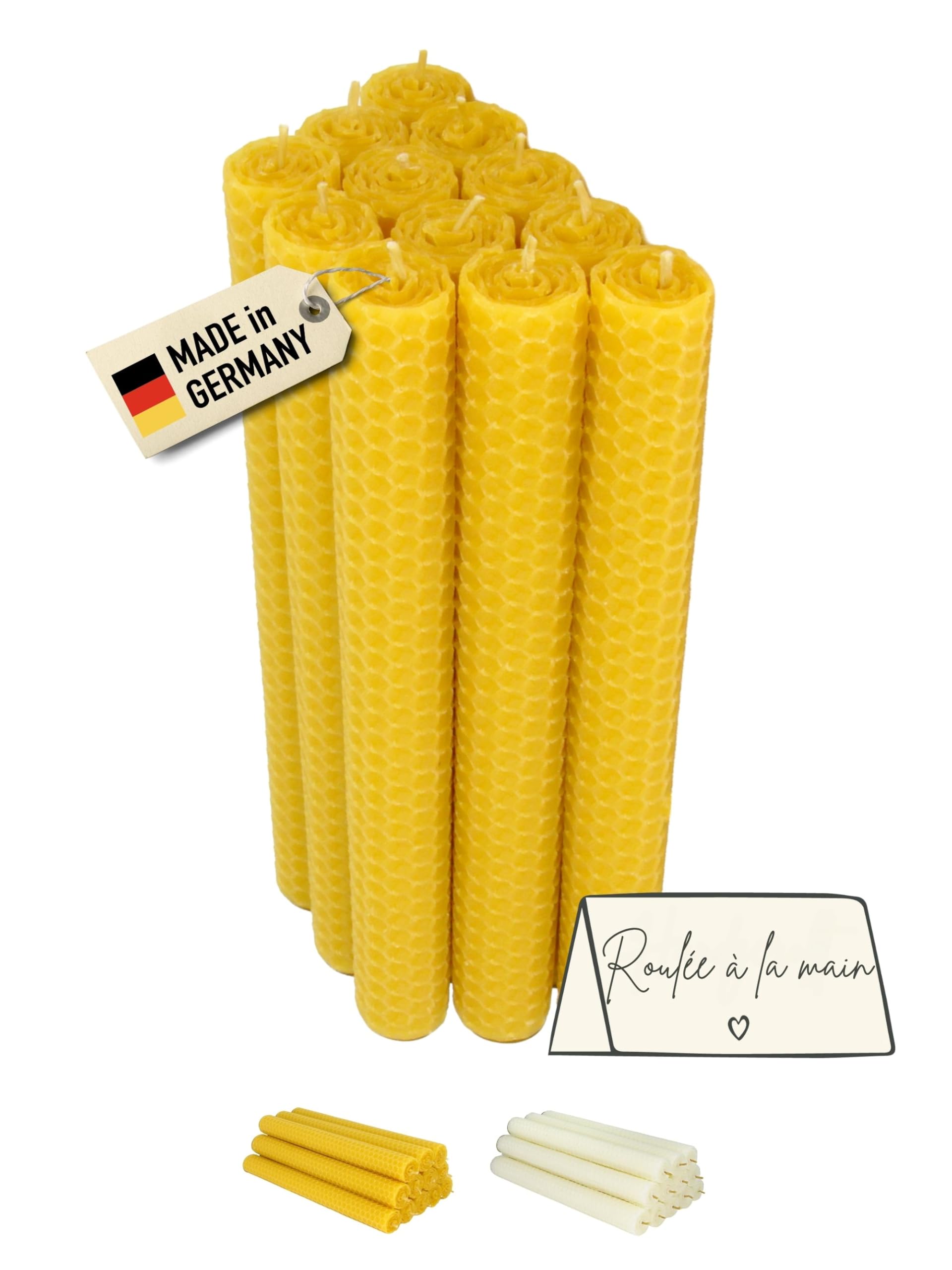 Lot de 12 bougies pilier 100 % cire d'abeille d'Allemagne - Bougies en cire d'abeille roulées à la main - 20 cm de hauteur - Environ Ø 2,2 cm - Jaune naturel - Lot de bougies de qualité supérieure