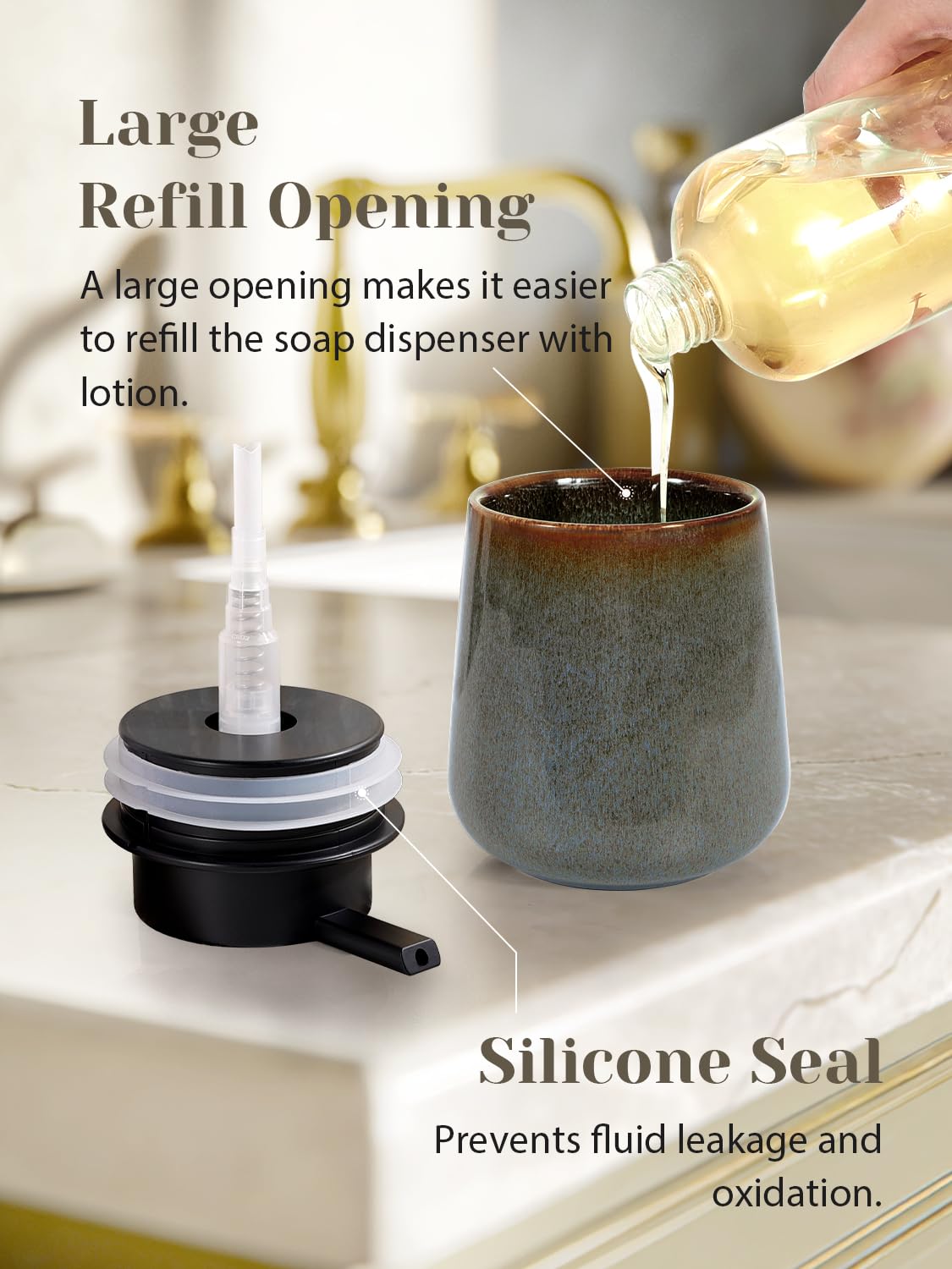 INGOFIN Dispenser per lozione in ceramica, 350 ml, ricaricabile, dispenser di sapone liquido da bagno, moderno dispenser di sapone liquido con pompa, dispenser di sapone per piatti per cucina