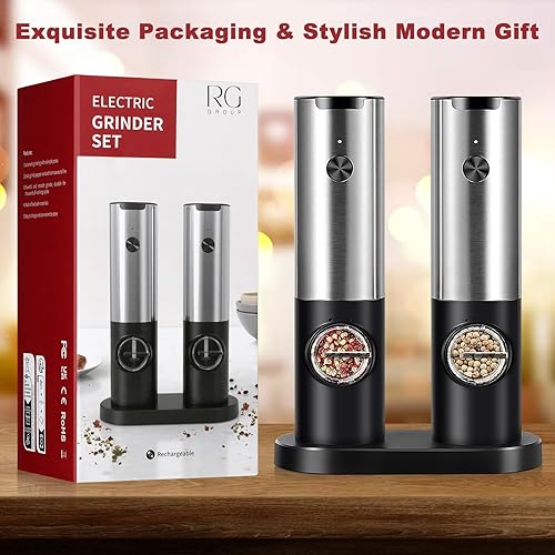 Miniatura 7 de Juego de molinillo eléctrico recargable de sal y pimienta, agitadores automáticos de molino de especias con operación por gravedad, grosor