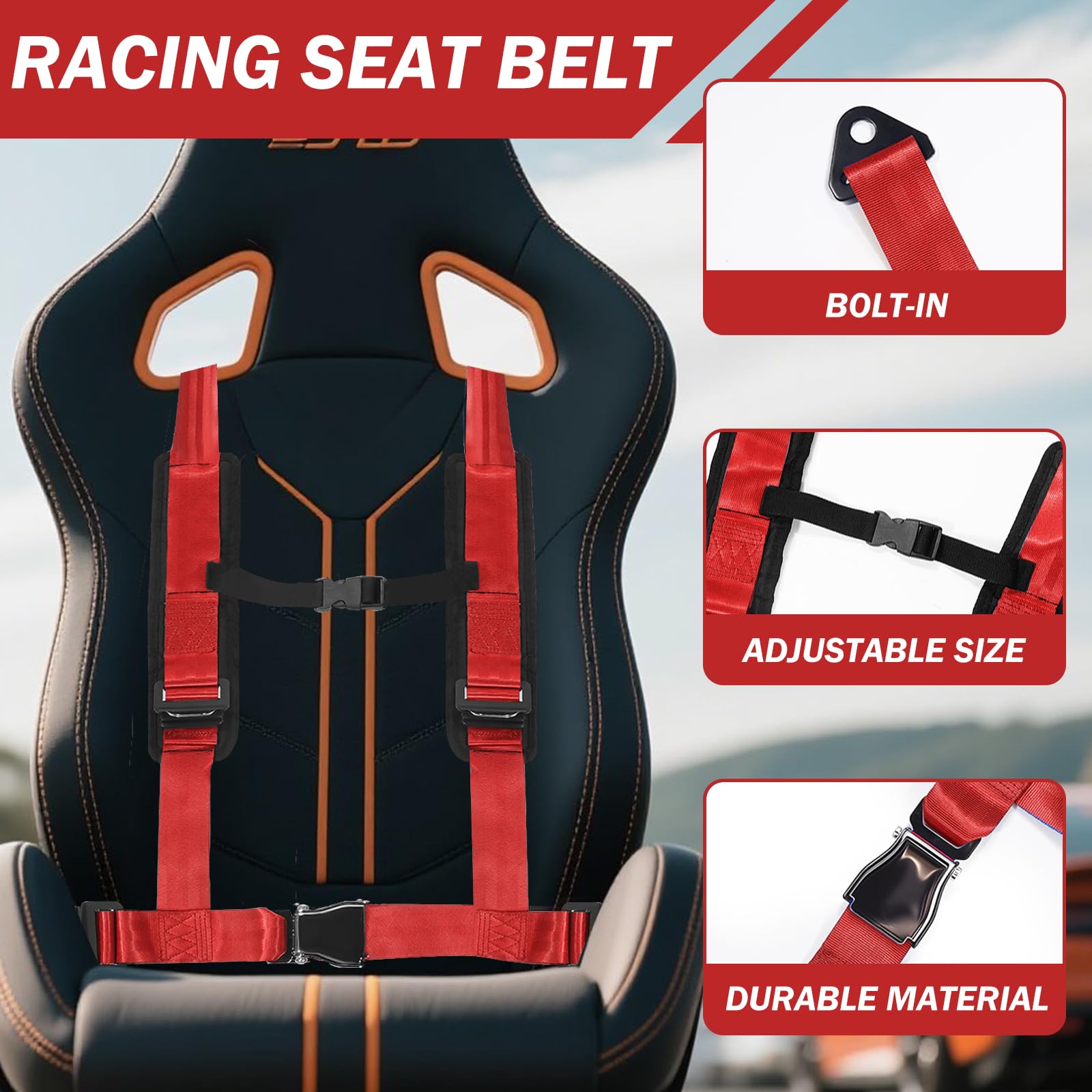4-Punkt-Schnellschnallen-Geschirr mit 5,1 cm Polsterung mit Bypass-Clip für Go-Kart, UTV, ATV, Rennen, Rot