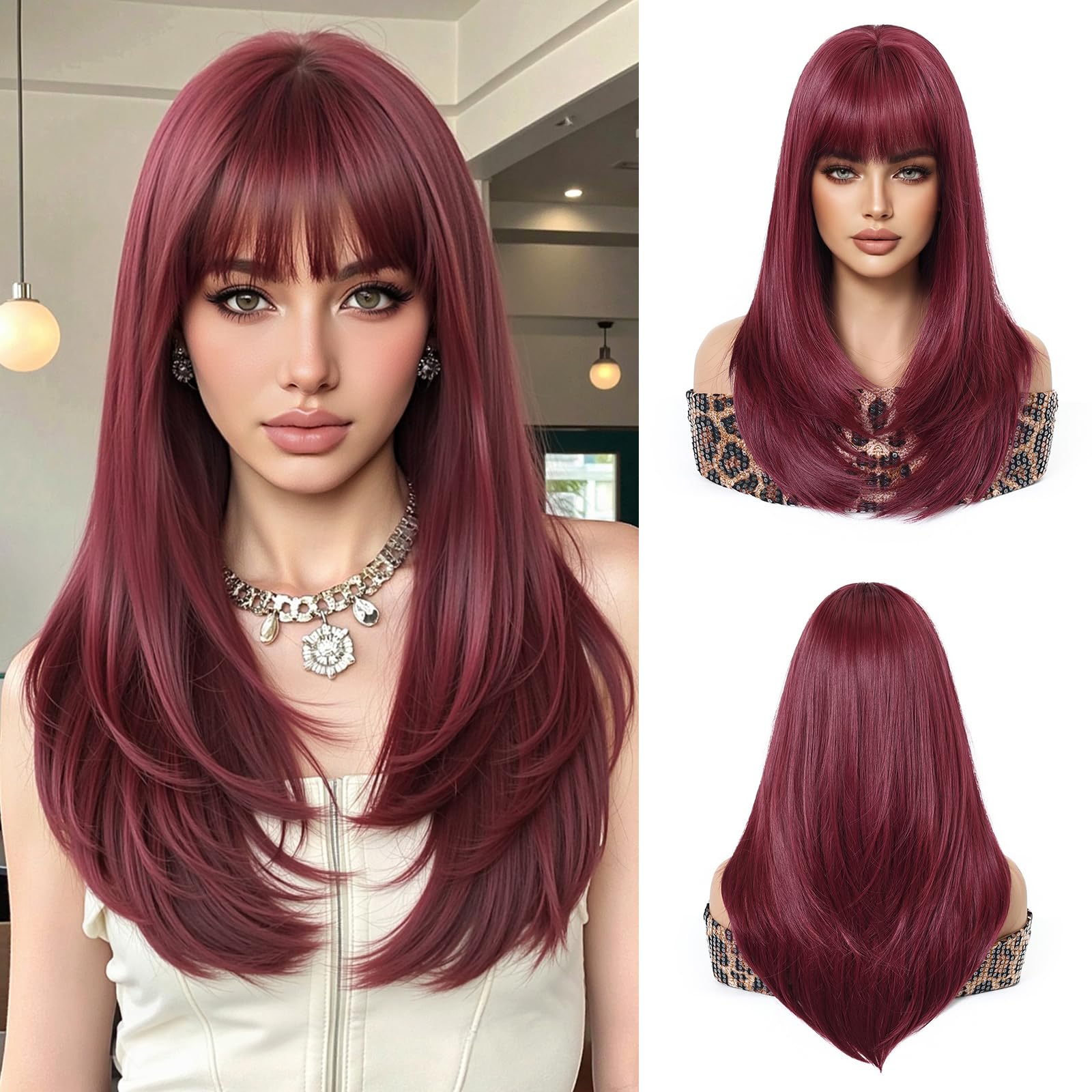 Esmee Long Straight Wine Red Wigs for Women with Fringe Natural Synthetic Hair Ombre Wig for Daily & Party Use