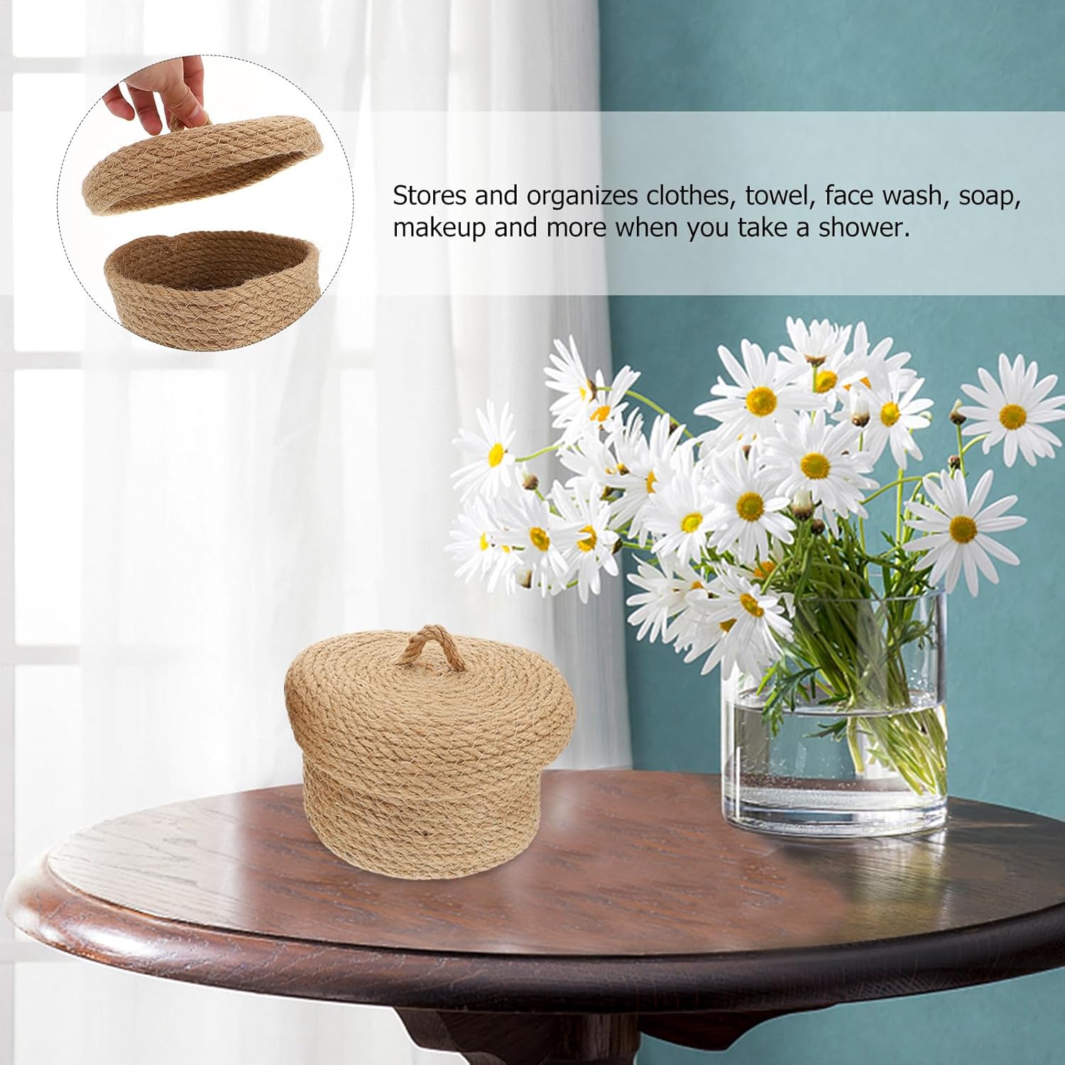 HOMSFOU Jute Sundries Storage Baskets with Lids, Medium and Small round Desktop Storage Containers for Home Organization, 2pcs Khaki Set