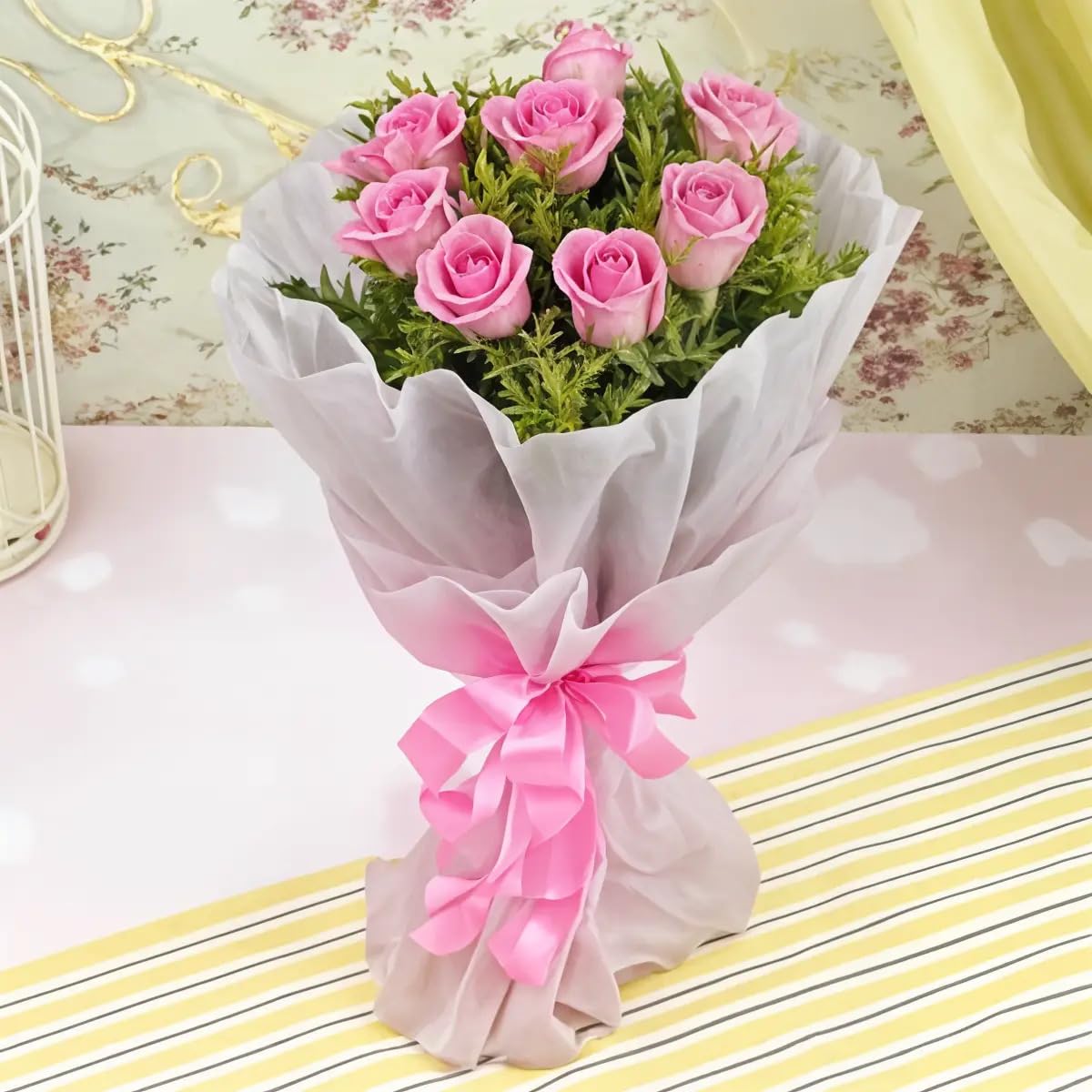 IFG's Bouquet of 8 Pink Rose in Paper Wrapping | Send on Birthday, Anniversary, Mother's Day, Father's Day, Valentine, Retirement | Delivery in 4 hrs