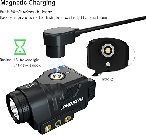 Miniatura 4 de GAZESHOT Linterna táctica de pistola mini 800 lúmenes, luz magnética USB recargable con modo estroboscópico para GL Glock y Picatinny Rail