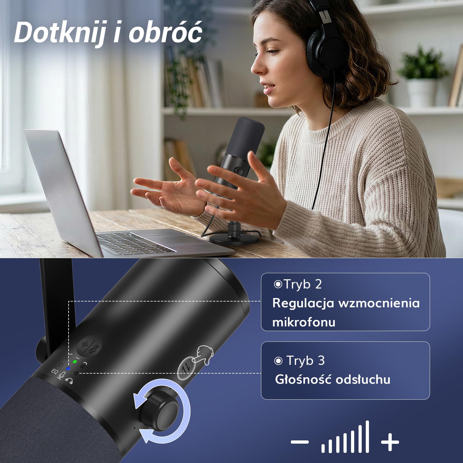 TONOR Dynamiczny mikrofon podcastowy do studia, mikrofon kardioidalny XLR/USB, redukcja szumów AI, wyciszanie, gniazdo słuchawkowe 3,5 mm do monitorowania, regulacja głośności, mikrofon z podstawką