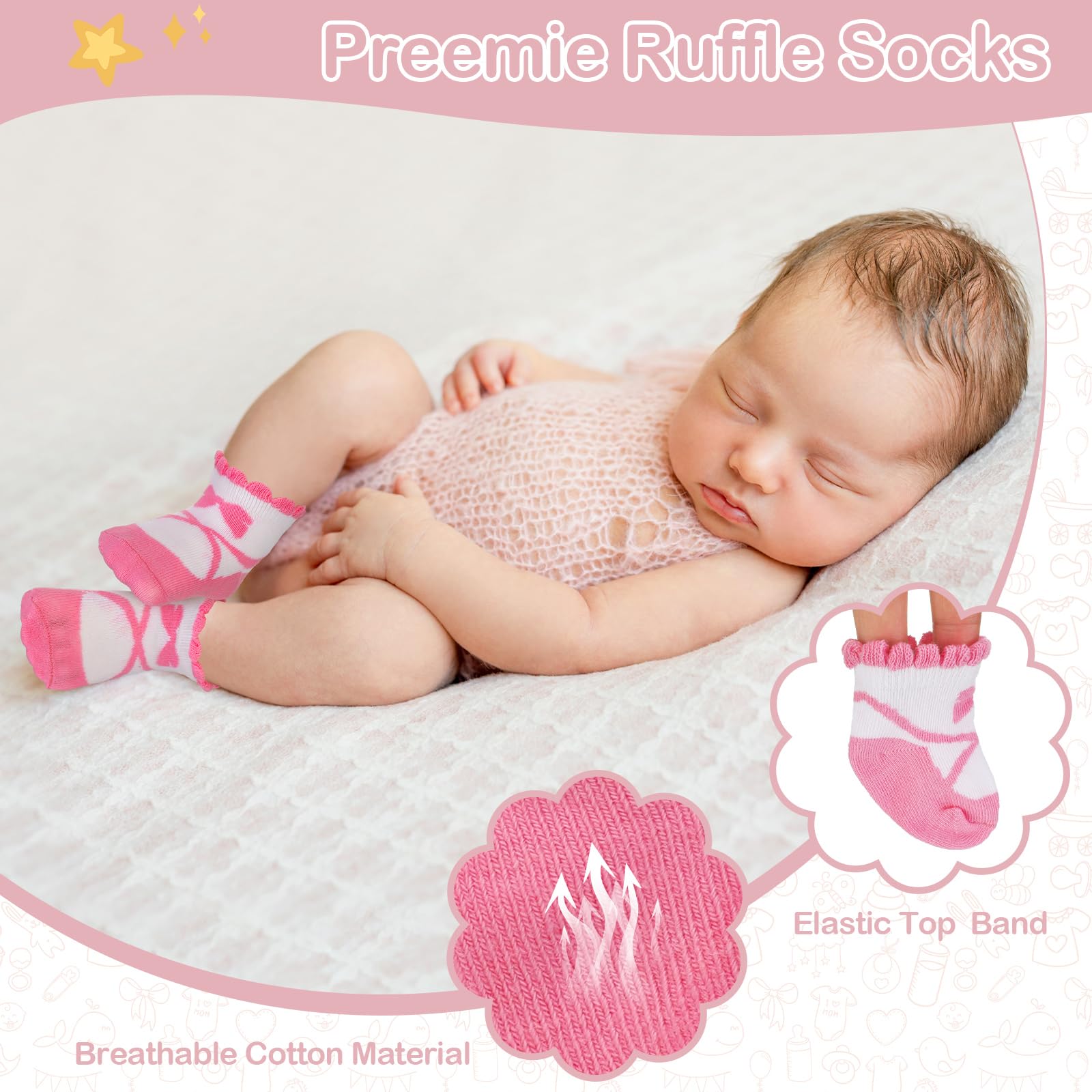 Toulite Lot de 12 paires de chaussettes prématurées en coton pour bébés filles et garçons prématurés - Style ballet - Taille unique, Style de ballet, taille unique