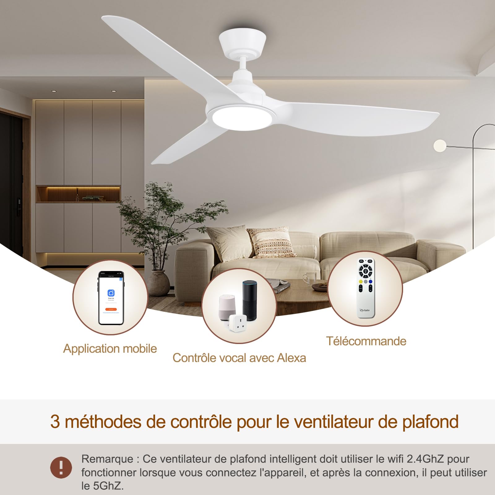 Ovlaim Ventilateurs de plafond blancs intelligents 132 cm avec lumières | et télécommande, moteur DC silencieux à haut débit d'air, ventilateurs de plafond modernes à 3 pales