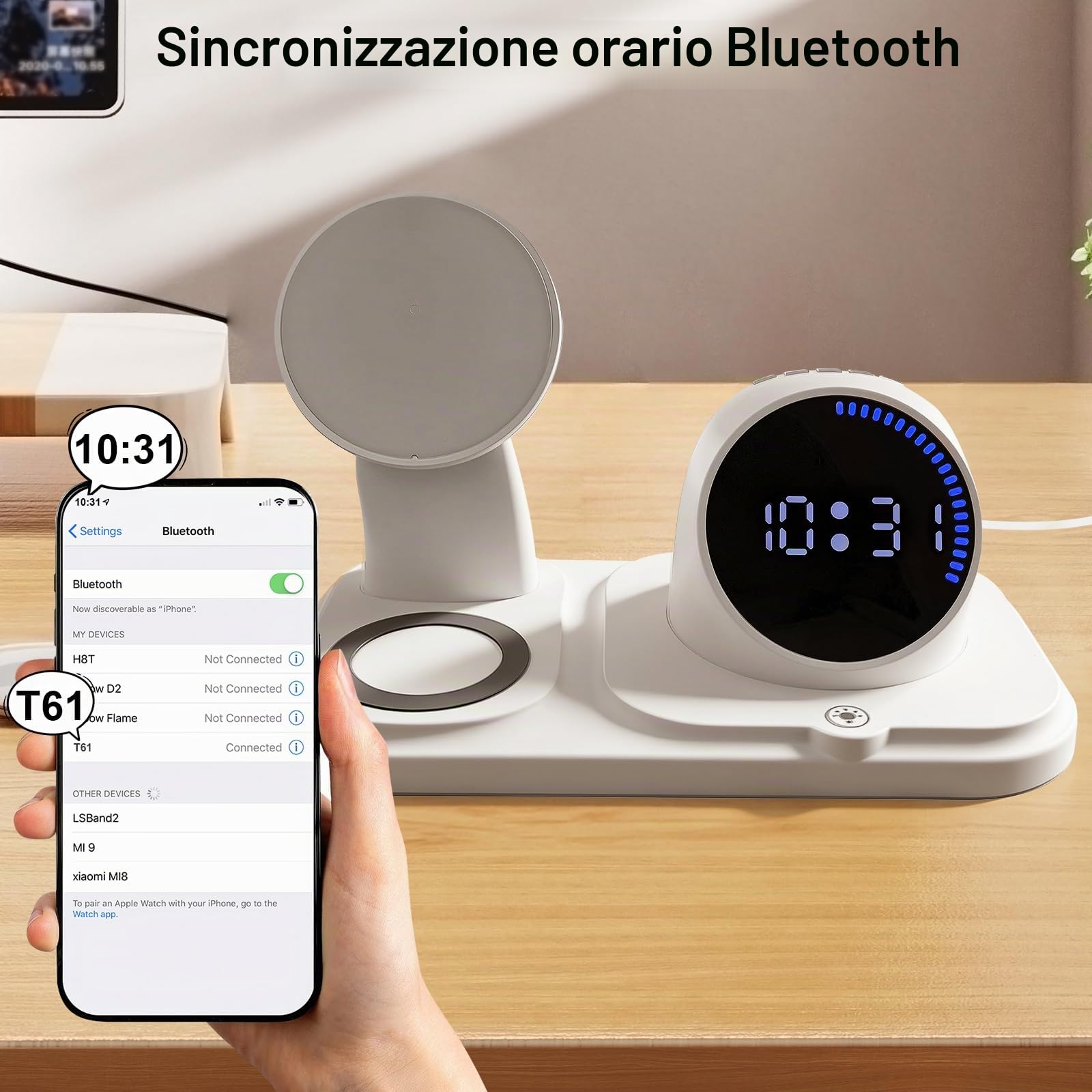 6 in 1 Caricatore Wireless per iPhone con Altoparlante Bluetooth,Stazione di Ricarica Rapida per iPhone 17/16/15/14/13/12/11/Pro/Max/Plus, per Apple Watch ed AirPods