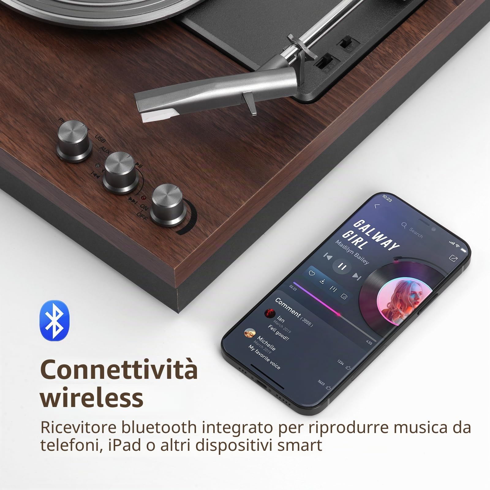 Giradischi 3 vel., 2 altoparlanti esterni 15 W, Bluetooth, AUX, USB, LP-MP3, lettore vinile vintage, legno marrone