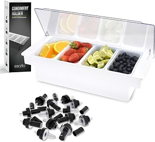 Esatto Bar Products Condiment Holder for Serving Container Chilled Garnish Tray with Lid for Bar Caddy, 4-1 Pint Inserts, With Added 12 Liquor Bottle Pourers, and 12 Pourer Covers - White