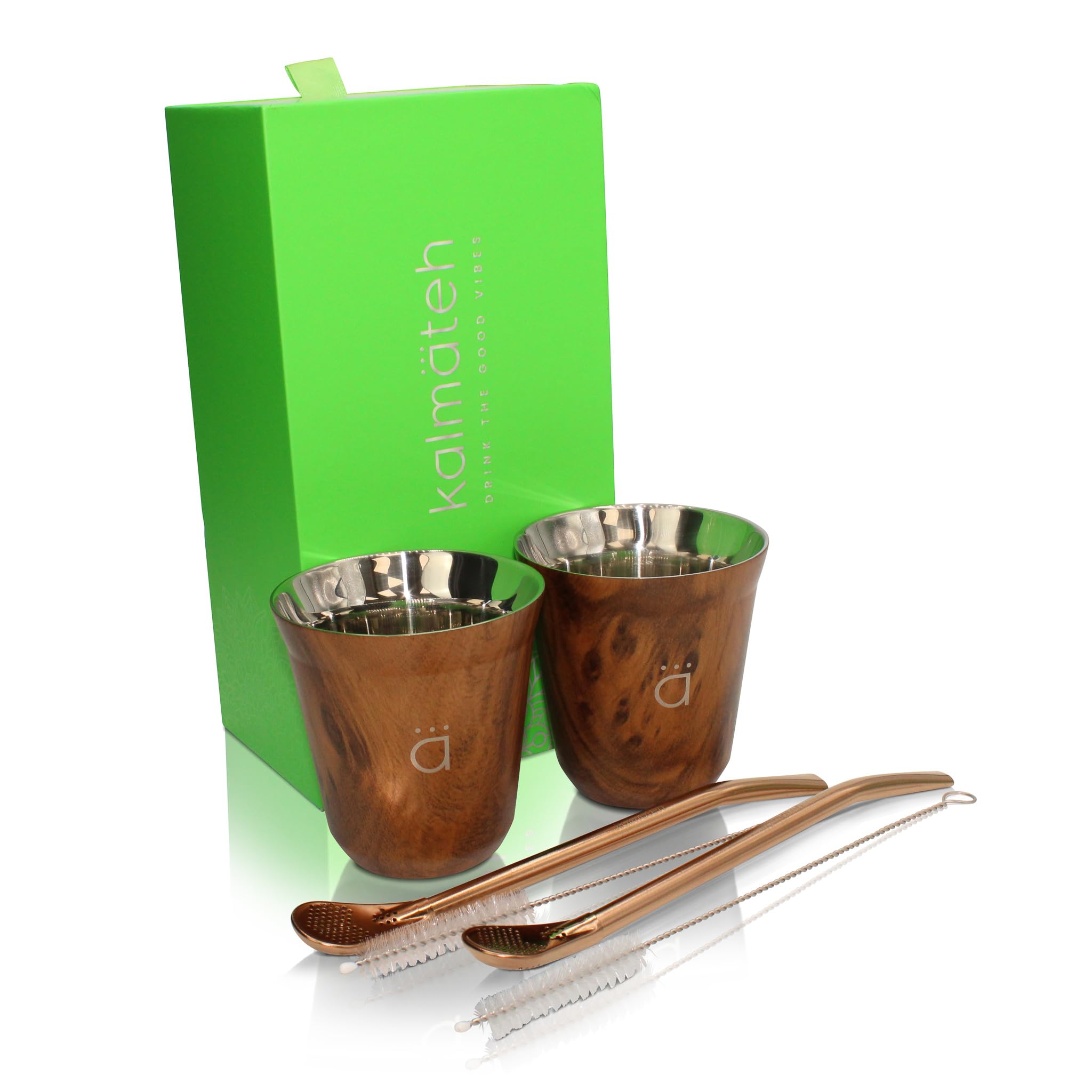 Kalmateh Yerba Mate Small Zucca Set di 2 tazze Mate include 2 Bombillas e una spazzola per la pulizia, doppia parete in acciaio inox 18/8 (legno, 141,7 g)