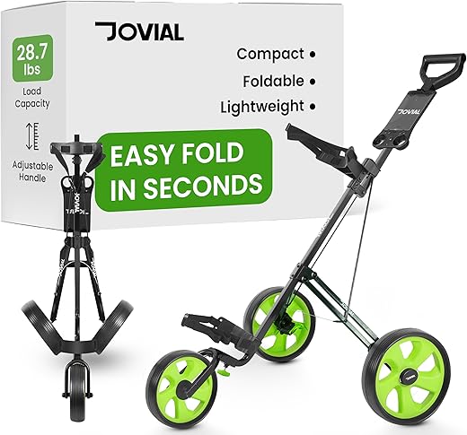 Pyle - JOVIAL 3-Wheel Golf Push Cart - Steel Frame, Foot Brake, Deluxe Scorecard Holder, Patented Bag Holder, Adjustable Handle - Lime