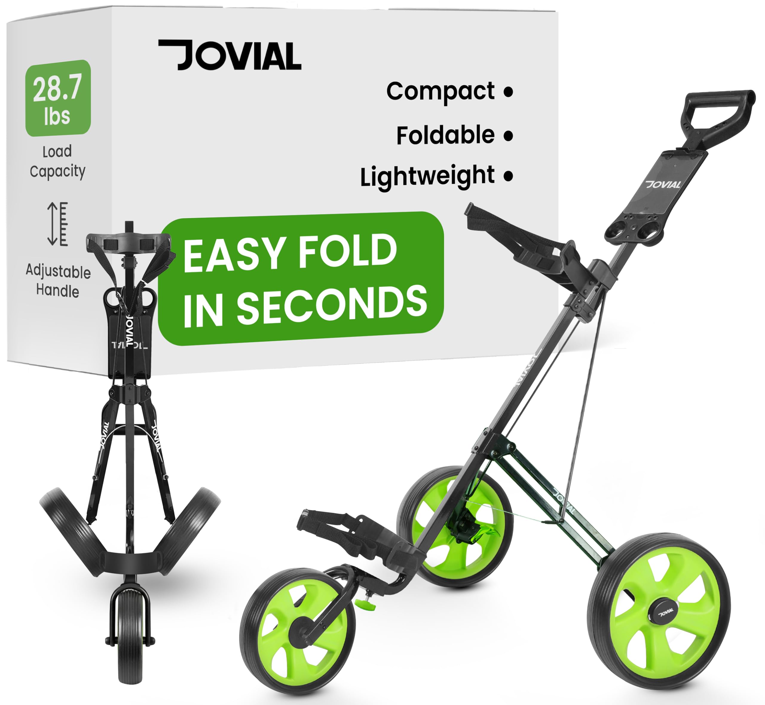 Jovial Chariot de Golf Pliable à 3 Roues Carte de Score de Luxe, Supports supérieurs et inférieurs avec Sangle Unisexe, Noir, Vert, Taille Unique