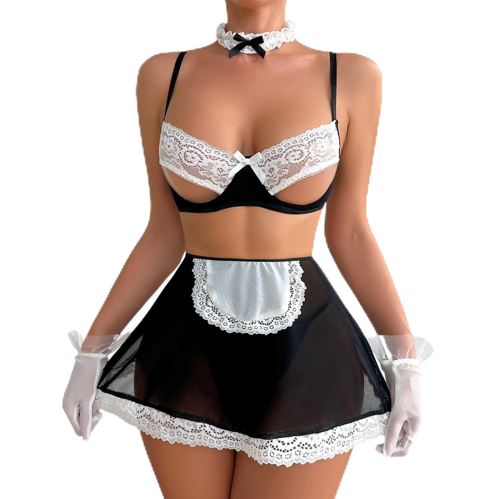 GenericSexy French Maid Lingerie for Women Adult Cosplay Uniform Costume Teddy Apron Lolita Skirt Lingerie Set