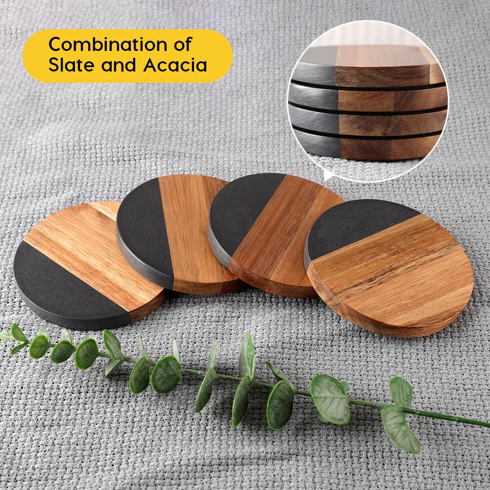Juego de 4 posavasos de madera de acacia pizarra para bebidas, modernos posavasos de madera rústica para bebidas, mesa de café, mesa de comedor, escritorio, Navidad, inauguración de la casa, 4