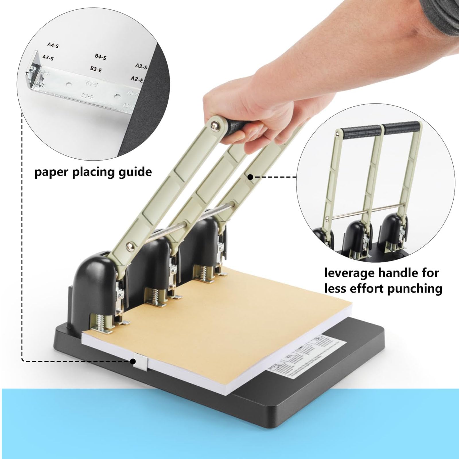 Perforatrice a 3 fori, perforatrice per carta da scrivania per ufficio, capacità 150 fogli, distanza tra i fori 108 mm, include guida di allineamento, funzionamento senza sforzo