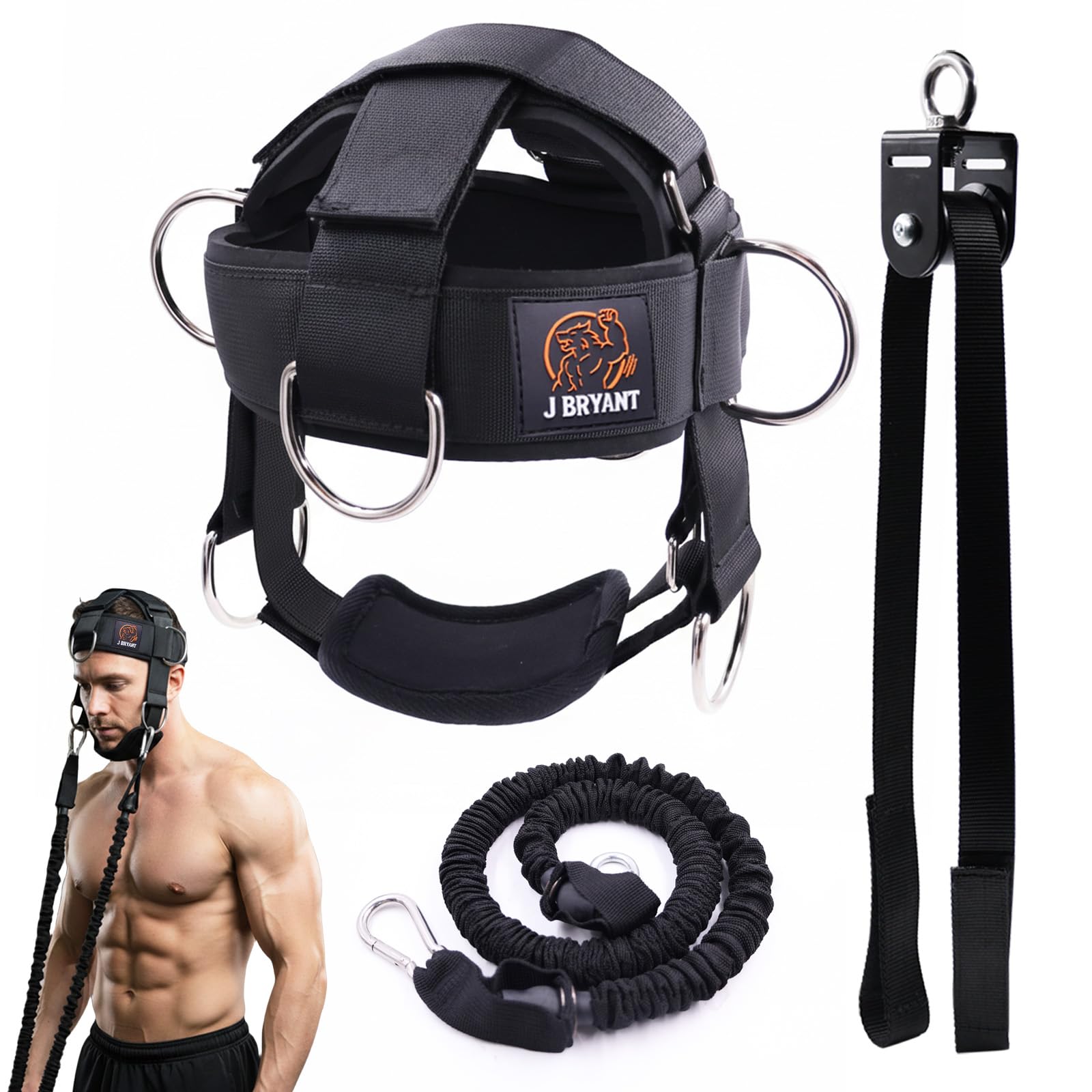 J Bryant Nackentrainer-Set mit Widerstandsband & Kinnpolster – Verstellbares Kopfgeschirr für 360° Krafttraining, D-Ringe für Seilzug & Bänder – Optional mit Stahlkette oder Seilzug-System