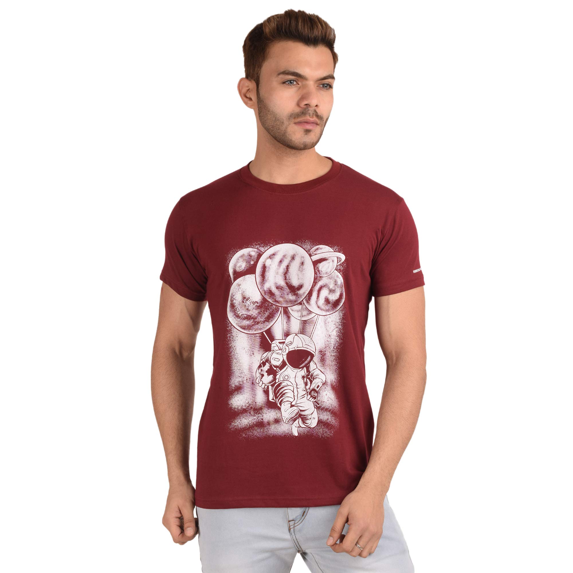 Ribbons and Mustache Cotton Planet Parachute Printed T-Shirt for Men's