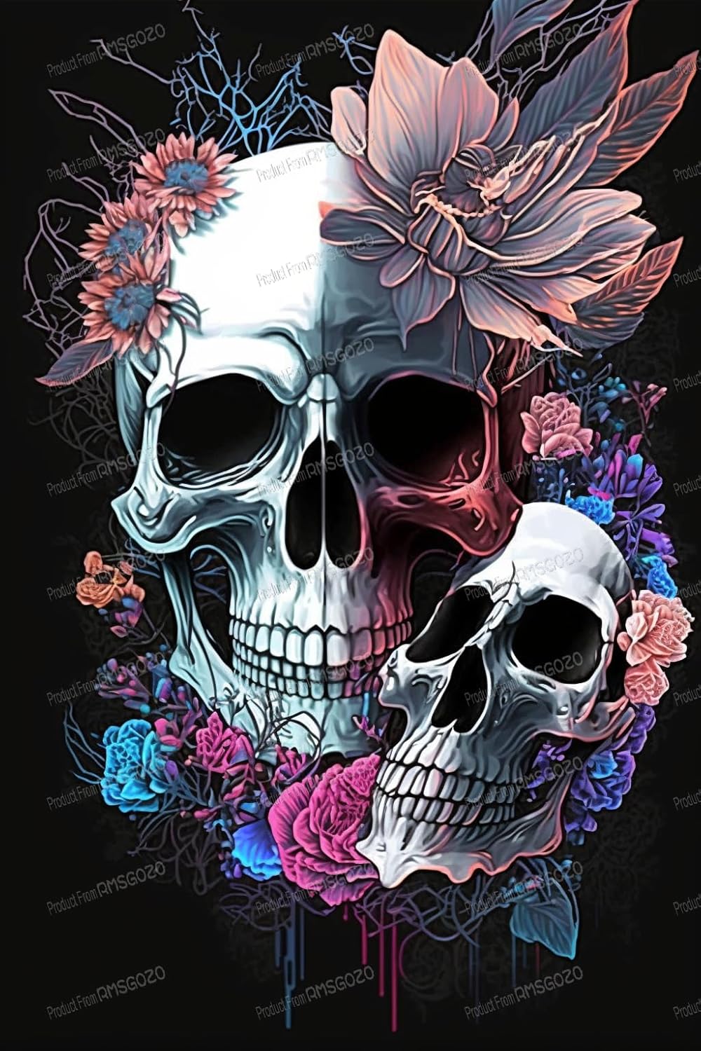 RMSGOZO Abstract Floral Skulls Diamond Painting Kits, 20 X 20 Inch 5D Round Rhinestones Diamond Painting for Adult Embroidery Diamond Art Kit, for Wall Decor Halloween Decor Gifts