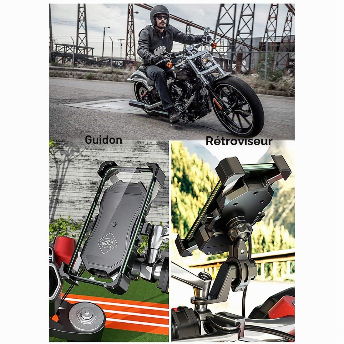 iMESTOU Chargeur de Montage de Téléphone sans Fil de Moto Qi 15w & USB 3.0 Charge Rapide Guidon/Arrière-Miroir Montage pour Smartphones de 3,5"-6,8"(épaisseur max12mm), Travailler pour 12V/24V Motos