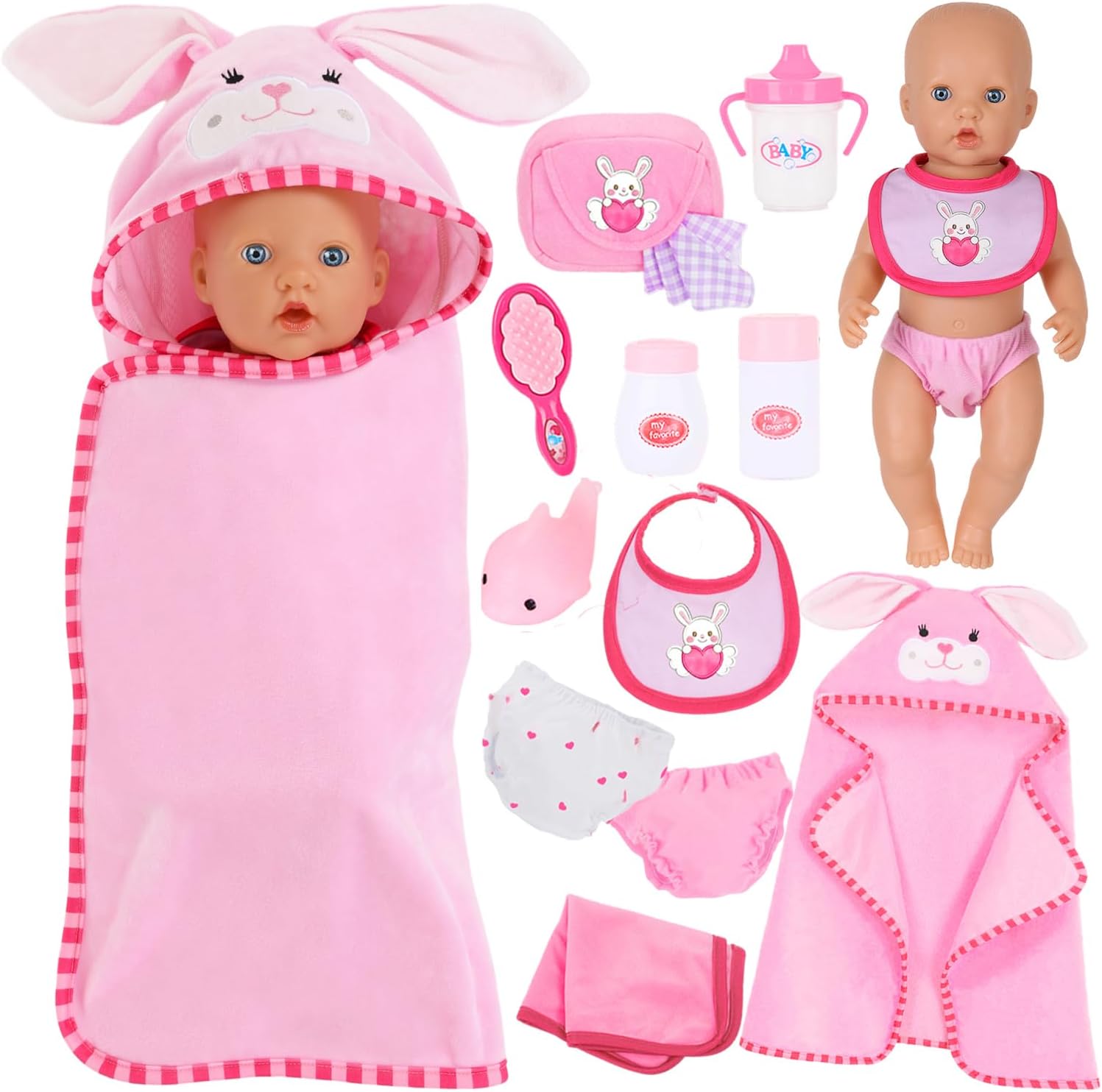 16-18" Baby Doll Accessories Set – 12-Piece Pink Rabbit Quilt & Care Kit Changing & Bathtime Playset for Baby Reborn Alive Dolls, Includes Doll Blanket, Diapers, Bottles (Dolls are Not Included