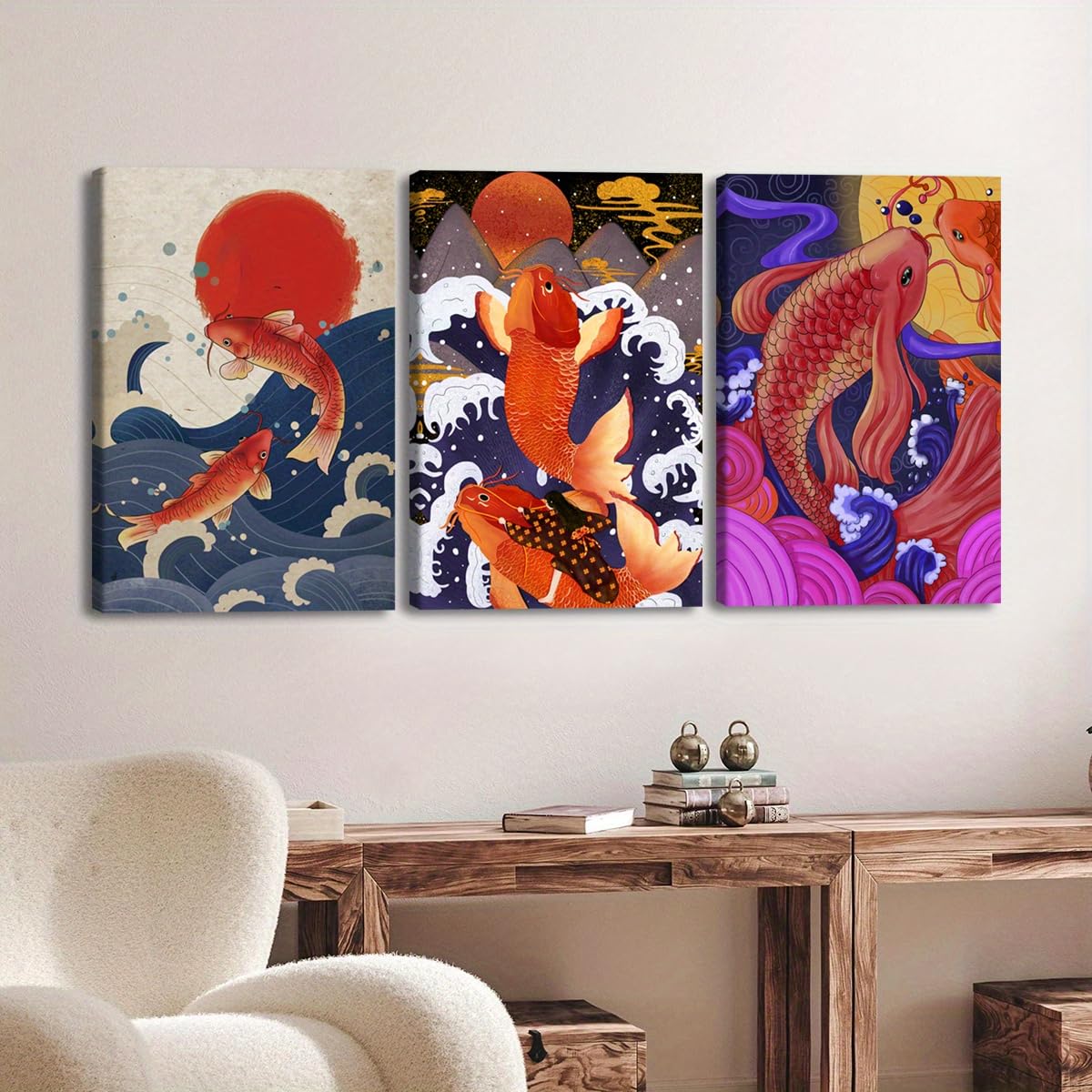 Cuadro decorativo de pared japonés con diseño de olas y peces koi (3 piezas), ideal para sala de estar o dormitorio (70x90cm x 3/Sin marco).