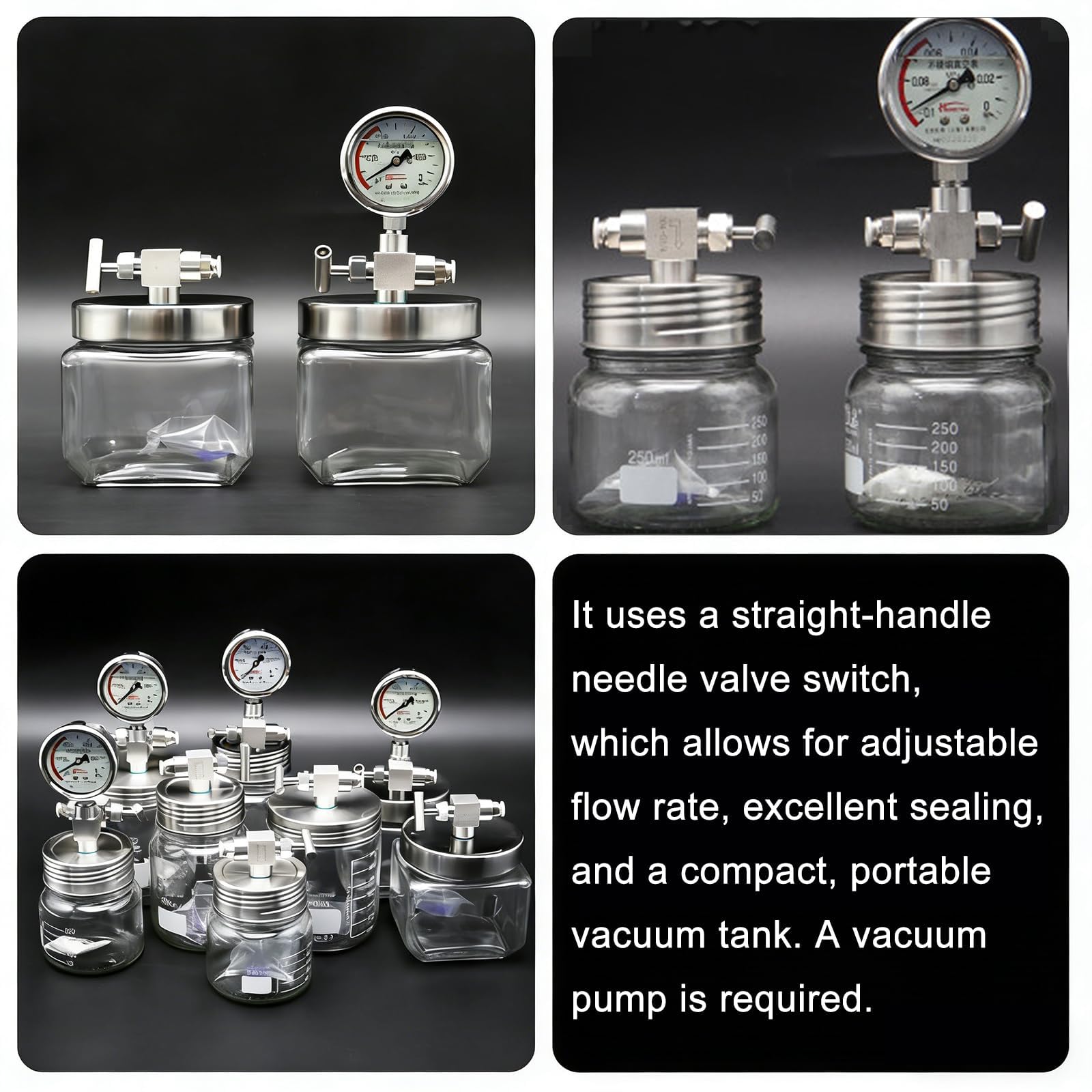 COYEUX Vakuumkammer Aus Laborglas, Vakuumentgasungskammer Mit Vakuummeter, 250 Ml/500 Ml/800 Ml Glasbehälter Zur Aufbewahrung Oxidationsanfälliger Chemischer Proben 250ML