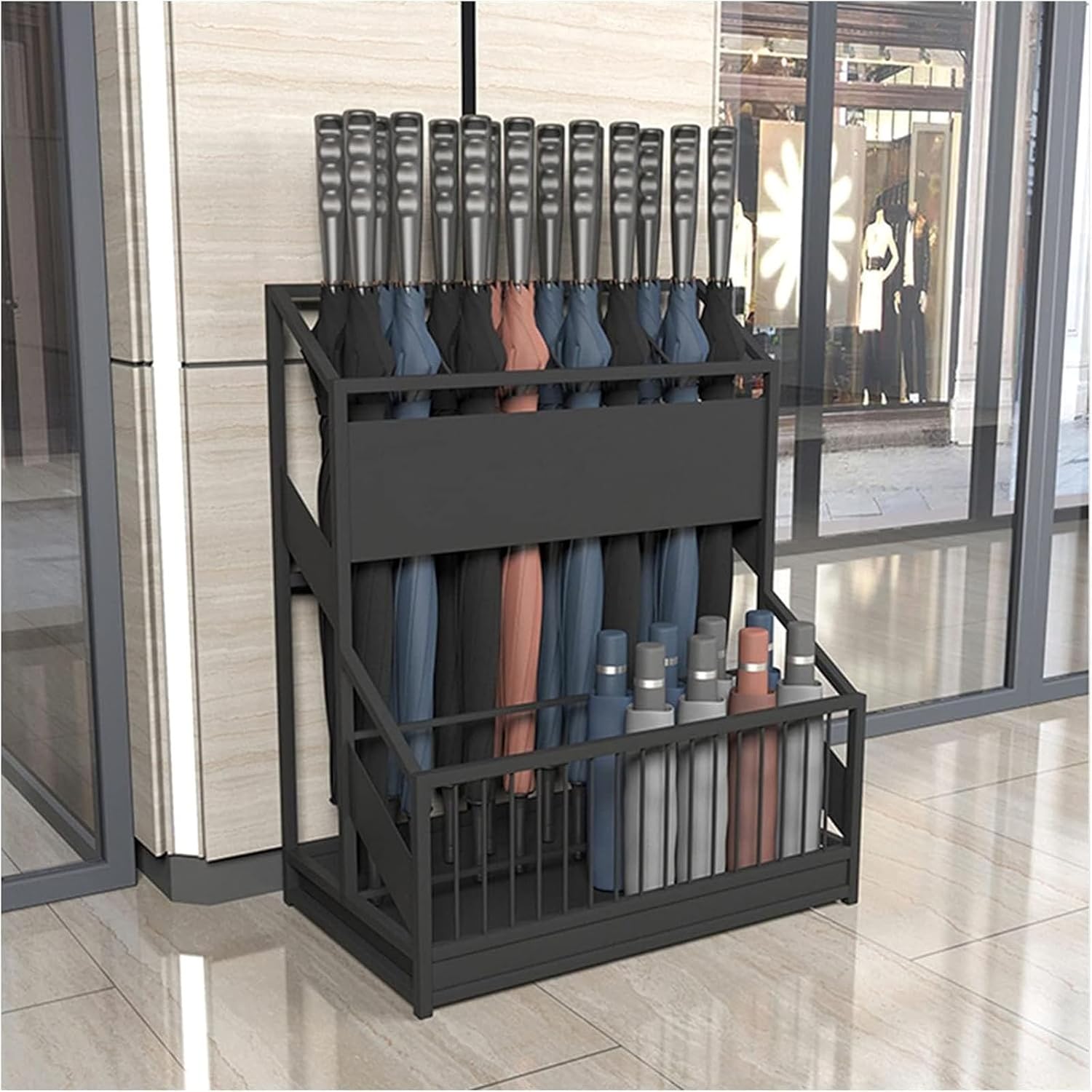 Metal Umbrella Stand with Drip Tray Commercial Grade for Hotel School Cafe Corridor Stores up to 30 Umbrellas Black Color