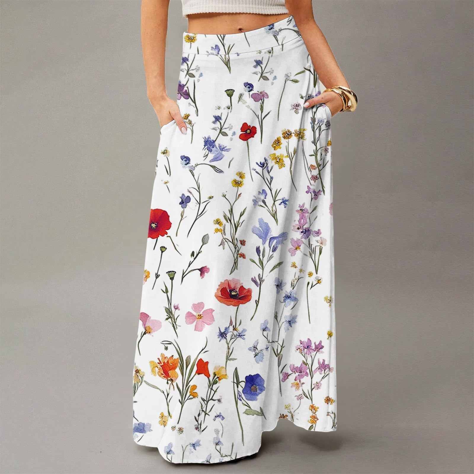 Sommerrock Damen Leicht Und Luftig Boho Röcke Hohe Elastische Taille Maxirock Lang Casual Elegant A-Linie Strandrock Midi Frezeitrock Mit Taschen Gummizug
