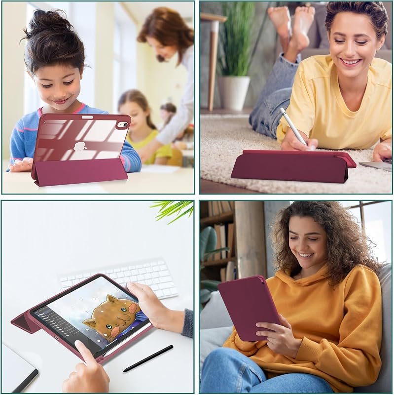 ProCase iPad 10-11 hüvely tolltartóval, ütésálló smart tok, átlátszó hátlap, bordó