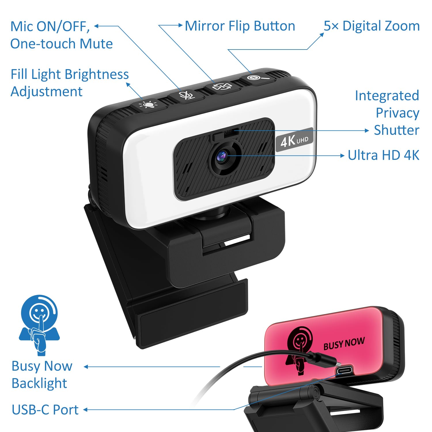 Cámara web 4K con luz y zoom, cámara USB para ordenador con micrófono, cobertura de privacidad y luz antiinterferencias, cámara web 4K UHD de enfoque automático para monitor de ordenador