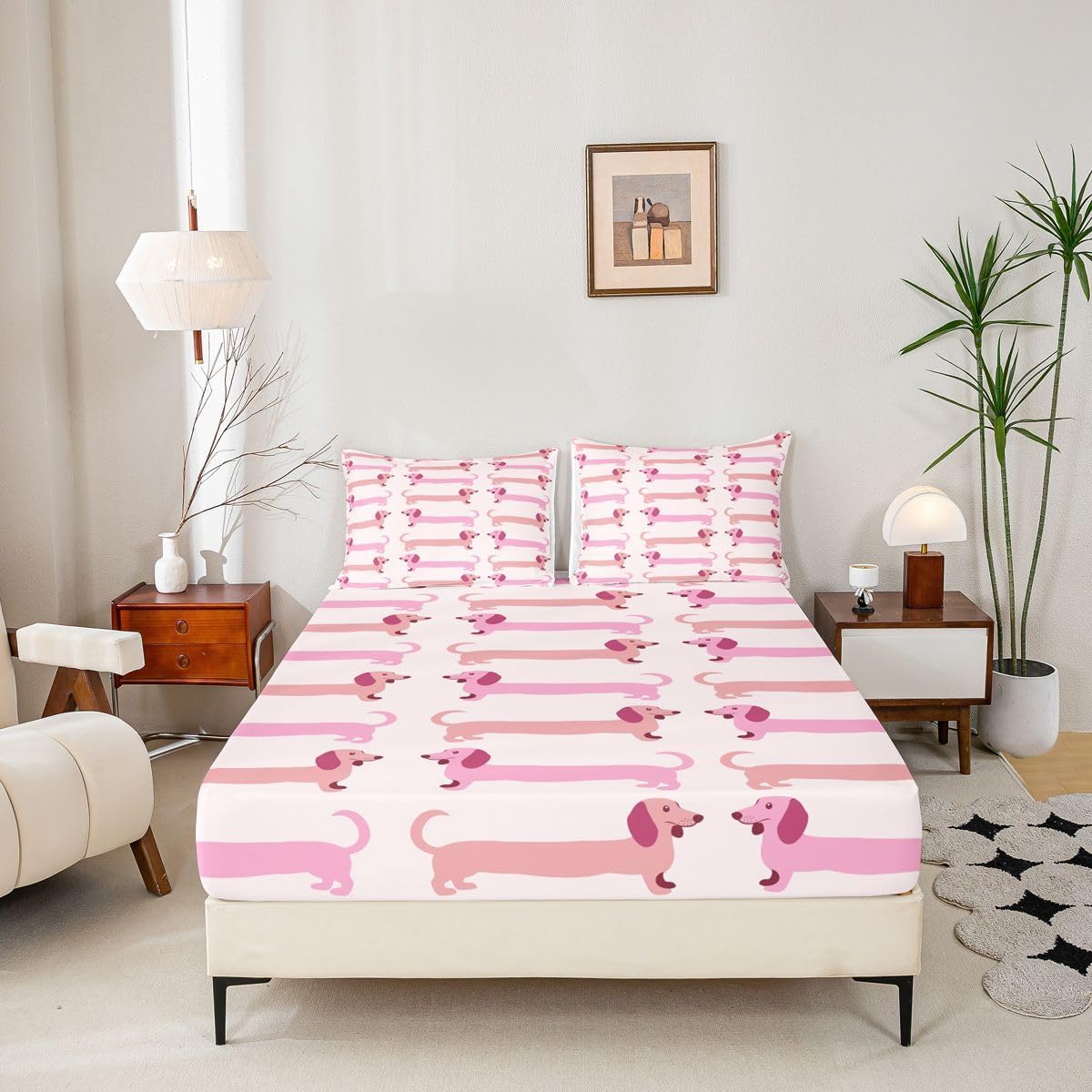 Cute Dachshund Dog Fitted Sheets Full Size (No Flat),Cartoon Pet Animals Bedding Set 3Pcs,Kids Teens Woman Room Decor,Pink Doggy Bed Sheet Funny Dachshund Deep Pocket Sheet,2 Pillowcases