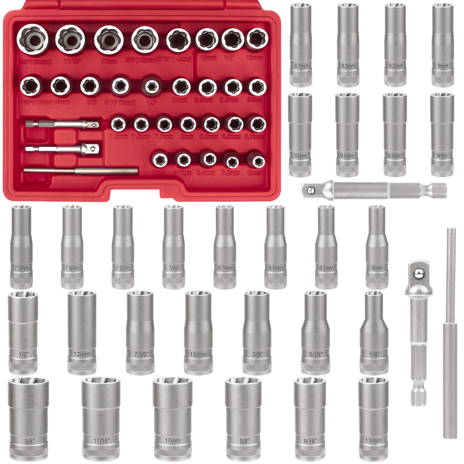 32Pcs Bolt Extractor Kit, 33mm elevated design, with 3/8, 1/4 Inch Adapter, Ez Out Deep Broken Lug Nut Removal Socket Set