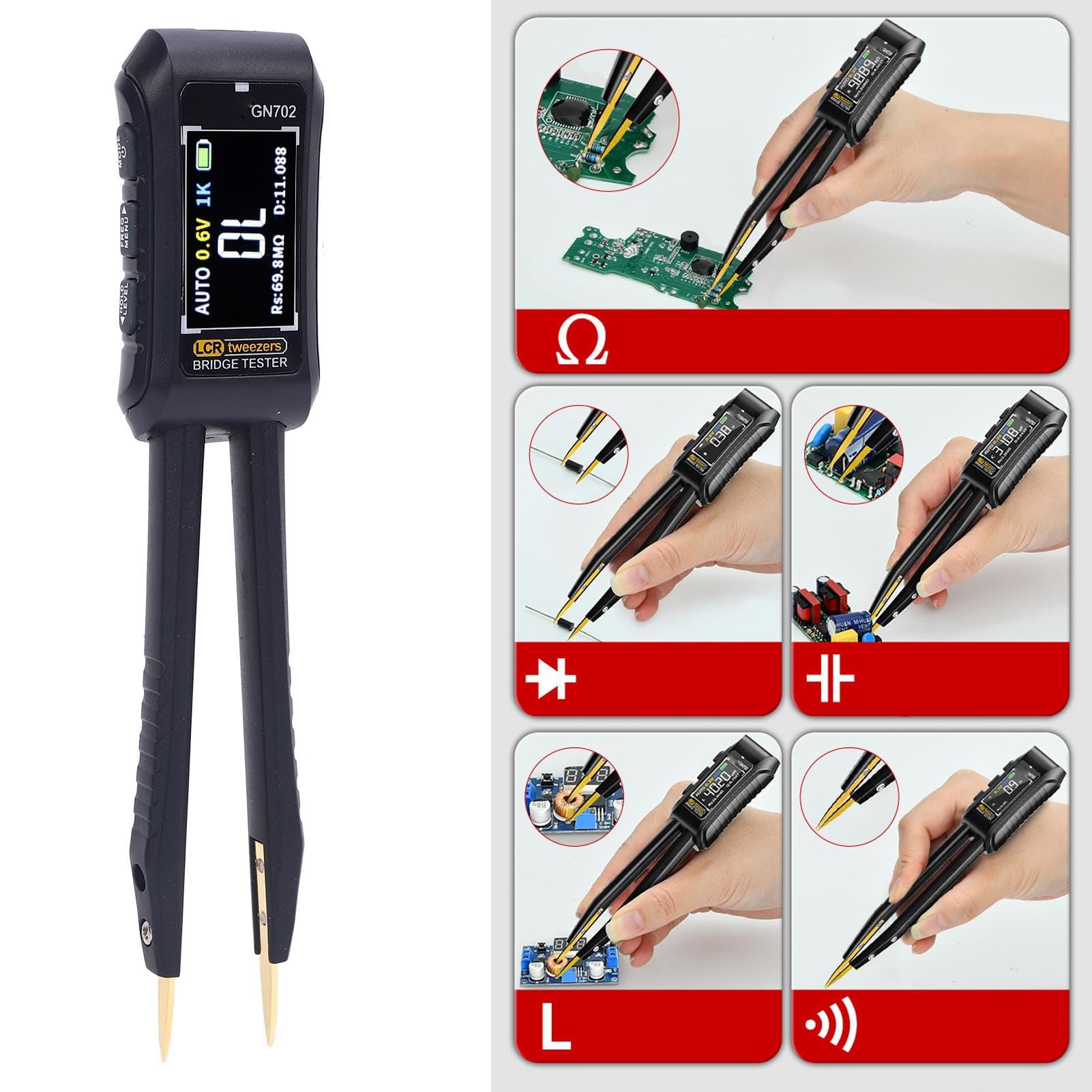 Luocute Digitaler Pinzette-Tester, Auto-Messwiderstand-Kondensator-Dioden Tester mit Beutel für SMD-Induktivität Messung, Elektronische Bauteil Prüfung