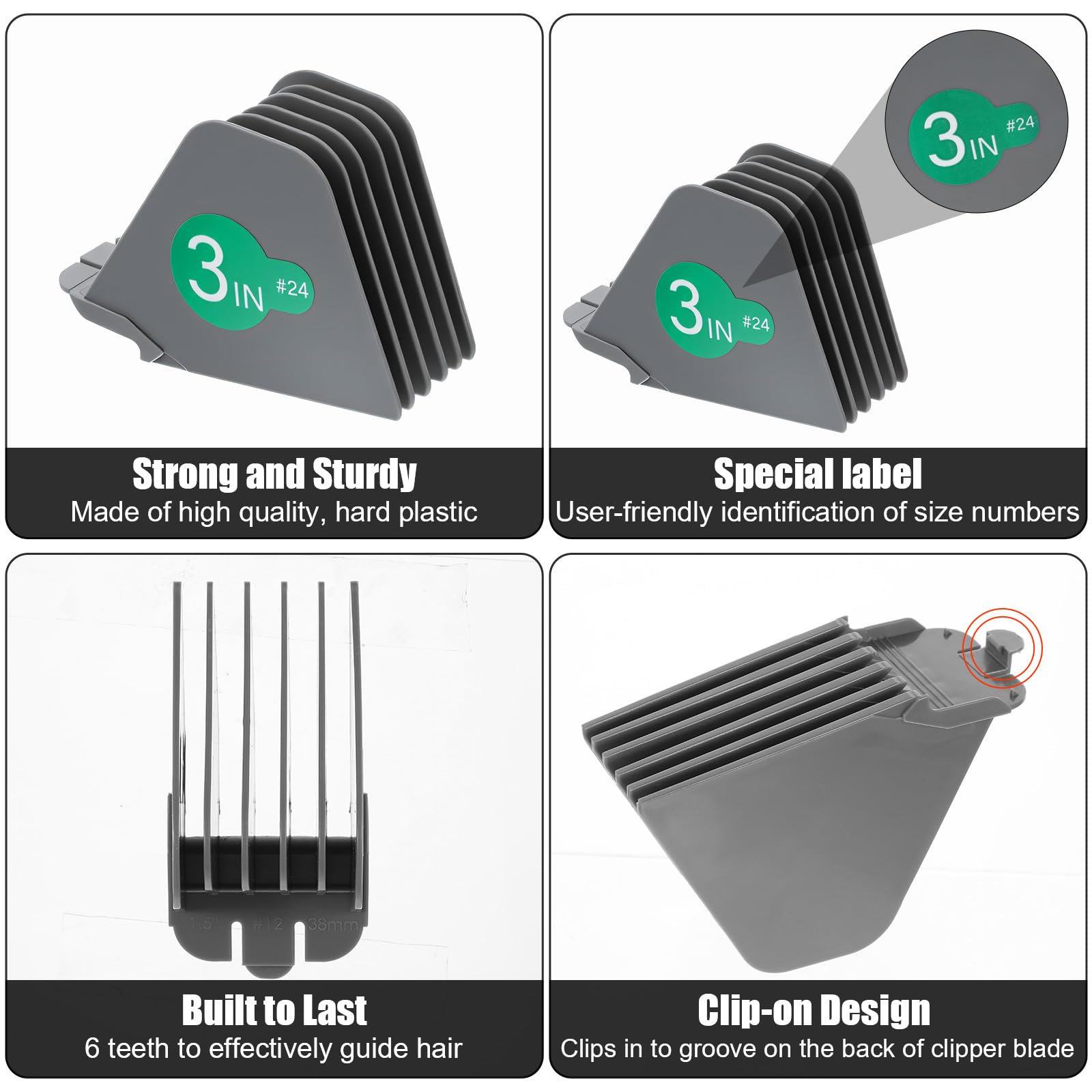 8 protectores de pelo de 3 pulgadas, guías de peines de corte de pelo grises, 1 y 1/4 pulgadas, 1 y 1/2 pulgadas, 2 pulgadas, # 16 n.º 12 n.º 10, compatible con la mayoría de cortadoras de pelo Wahl