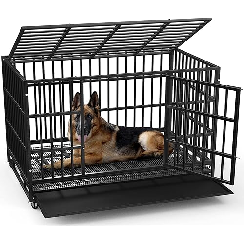 LEMBERI 48 Inch Heavy Duty Indestructible Dog Crate, Escape Proof Double Door Dog Kennel with Lockable Wheels, High Anxiety Extra Large Dog Cage Indoor Use, with Removable Tray