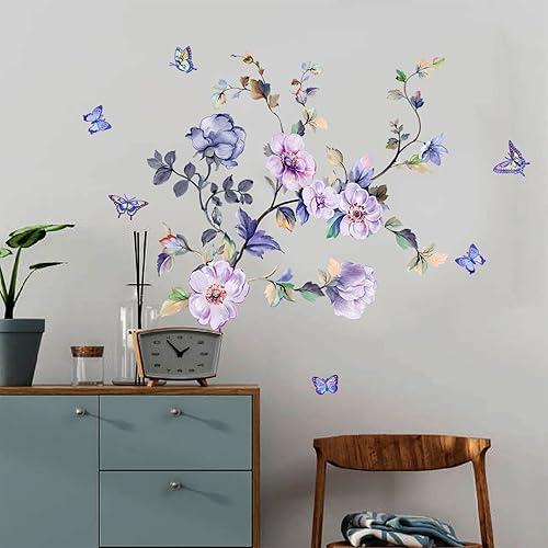 Miniatura 5 de hanlongyu Calcomanías de pared de flores moradas, calcomanías de pared extraíbles de flores frescas, despegar y pegar, calcomanías de mariposas