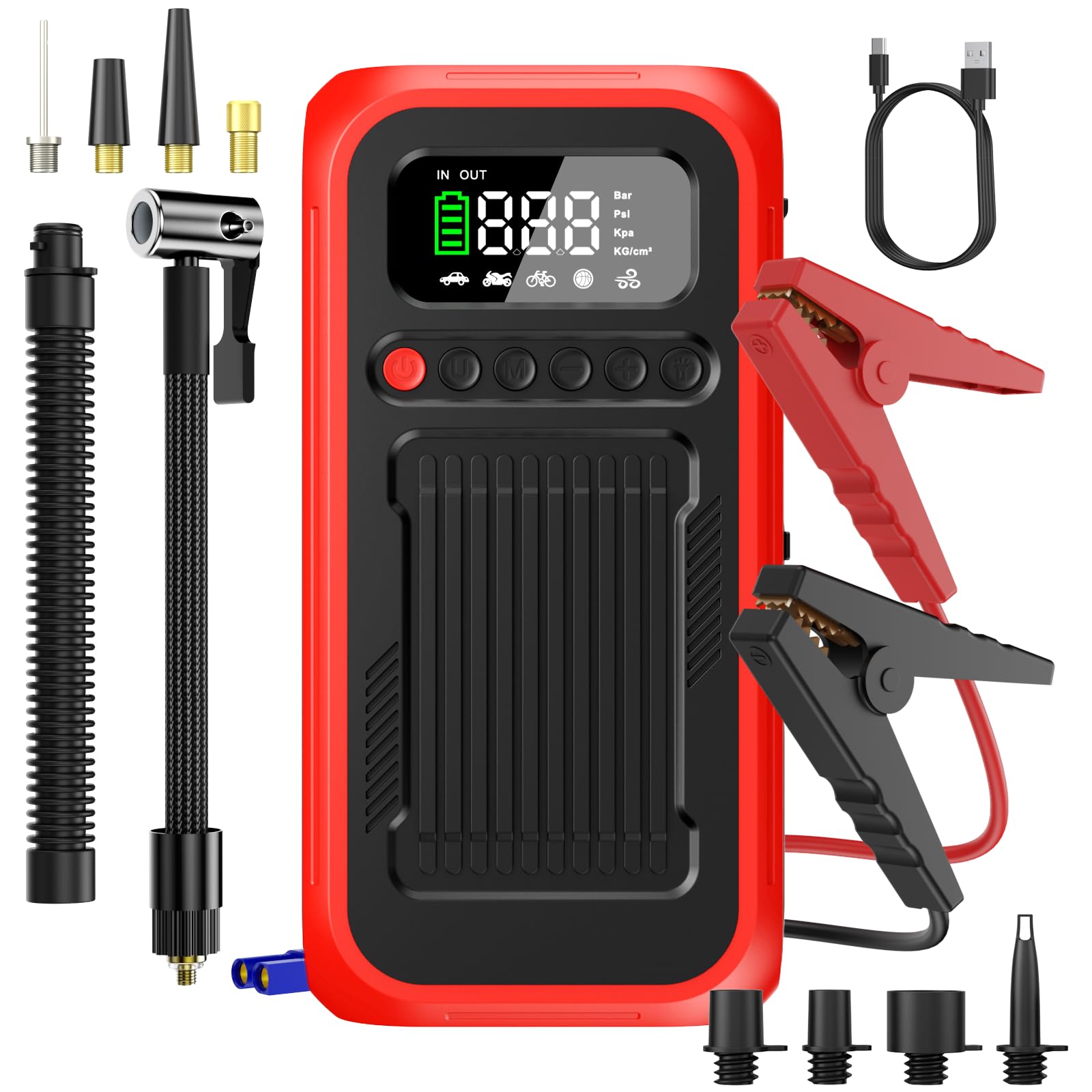 Portable Air Compressor with Jump Starter, 150 PSI Digital Tire Inflator 4000A Car Battery Jumper Box with 20000mAh Power Bank, Auto Shut-off Cordless Air Pump for Cars, Trucks, Motorcycles, Bikes