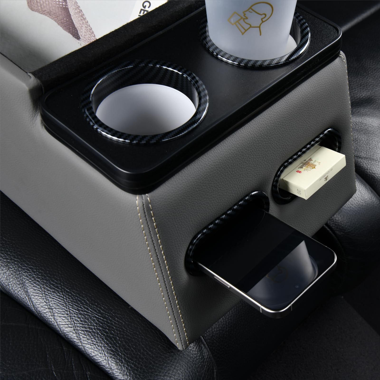 Coverado Auto Mittelkonsole, Universal Mittelkonsole Auto Rückbank, Rücksitz Automobile Organizer mit Cup Halter, Armlehnen Box Universal Fit für die meisten Limousinen SUV Pick-up-Truck
