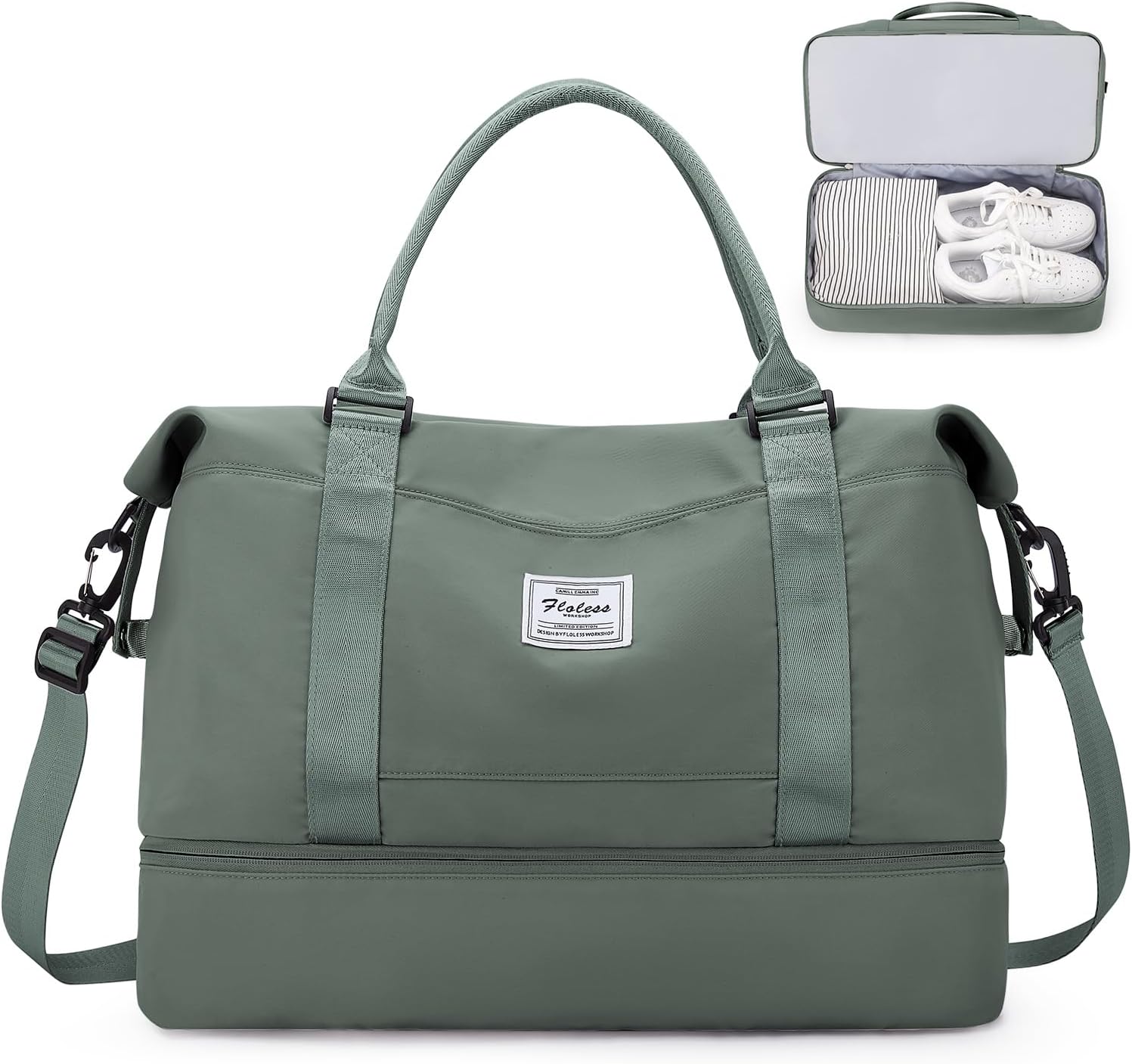 Women’s Travel Bag, Lightweight Hand Luggage Bag, Gym Sports Bag with Shoe Compartment, Waterproof Weekend Bag Hospital Bag with Separate Wet Bag, E2-Army Green (Light Size)