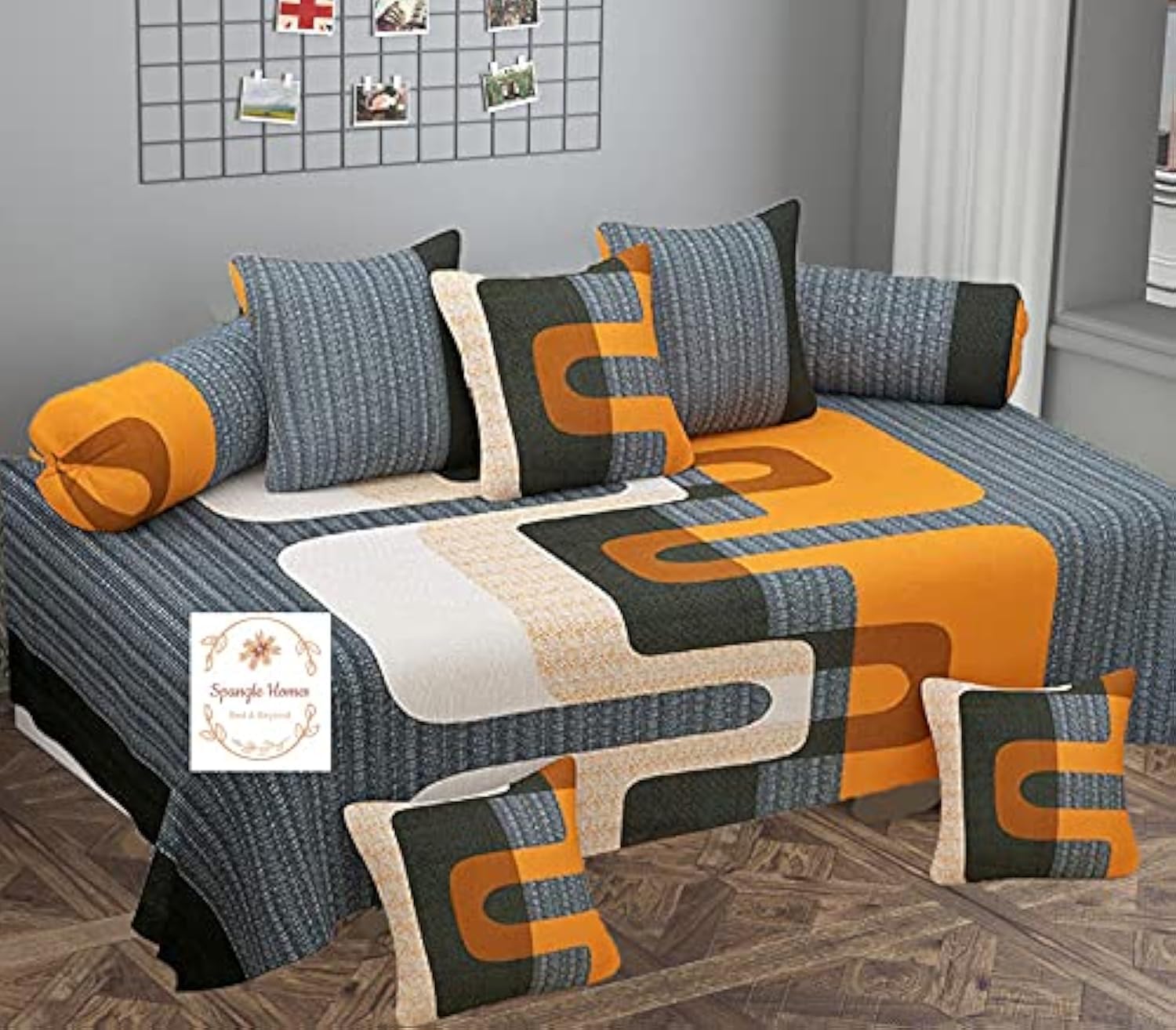 SpangleHomes Pure Cotton Geometric Diwan Set, 1 (60 X 90 Inches) Bedsheet, 5 (16x 16 inches) Cushion Covers and 2 Booster Covers (8 PCS Set, XL) (Orange&Grey, (1+2+5))-picture-28