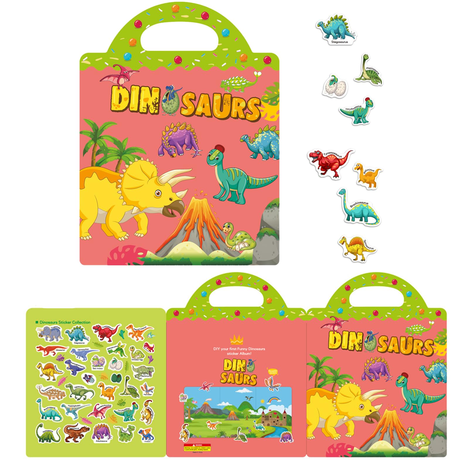 1 Pieza Libros de 3D Pegatinas Impermeables Reutilizables Juguetes para 3 Años,Pegatinas Niños Impermeables de Aprendizaje Educativo Regalo,Libros de Pegatinas para Niños de Cumpleaños-Dinosaurio