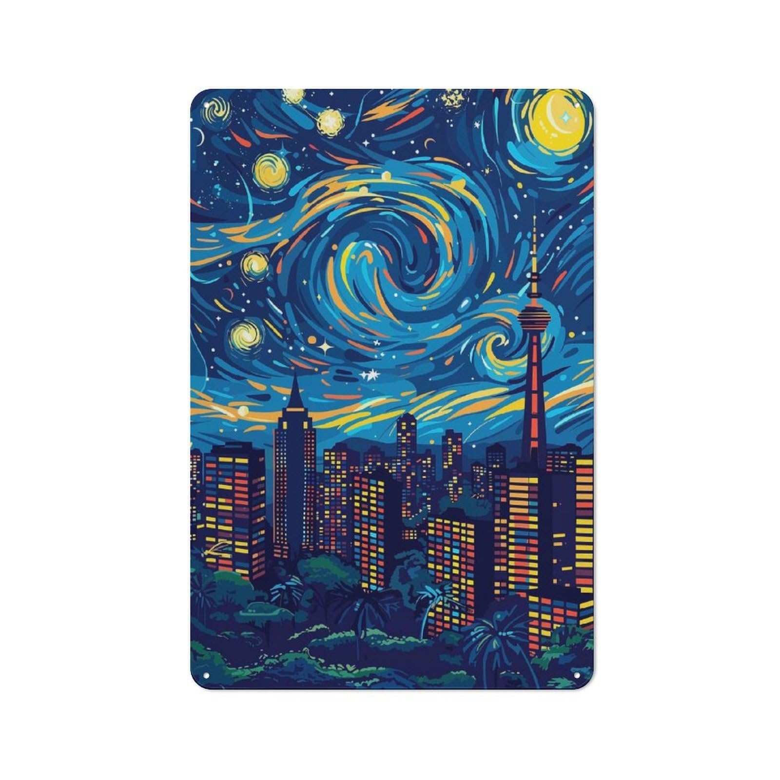 Junmoney Style-14 Metal Wall Plaque With Cityscape Under A Swirling Starry Night Design 30X20cm, Simple Retro Studio Wall Plaque For Hobby Room, Office, Lounge Or Living Room
