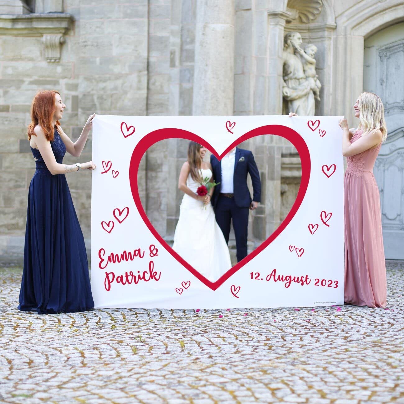 Herz & Heim® Hochzeitsbanner Herz zum Ausschneiden für Hochzeitsspiel mit Namen und Datum - Motivauswahl Fotoherz Rote Herzen