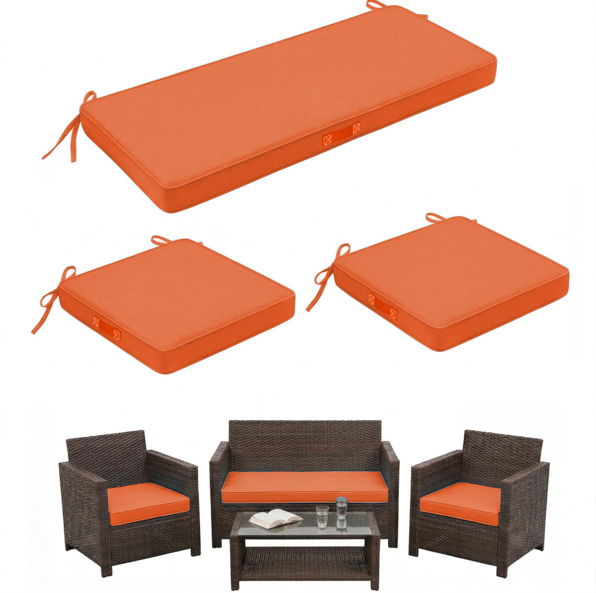 View 1 of *** check comments*** Gaterific 3 Pack Foam Wicker Patio Furniture Cushions, Replacement Cushions Fit Outdoor 4 Pieces Rattan Chair Sofa Set,Waterproof Outside Loveseat Pads,44x19x3 + 19x19x3,Square,Orange