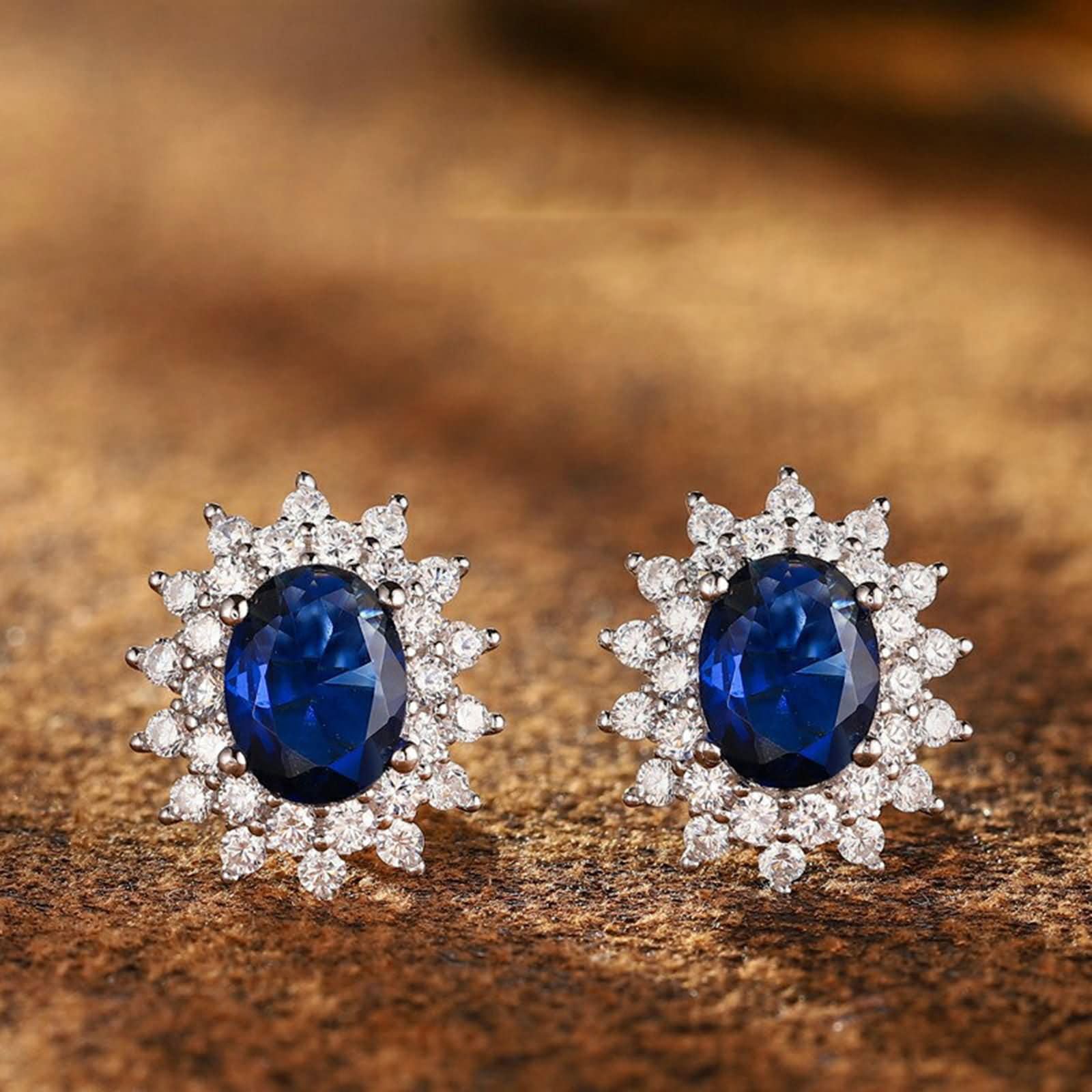 Ohrringe Weißgold 9K / 14K / 18 Karat Damen, Blume mit Oval mit Erstellter Saphir 1,85 Karat und Moissanit, Ohrringe Blau Silber für Hochzeit Frauen